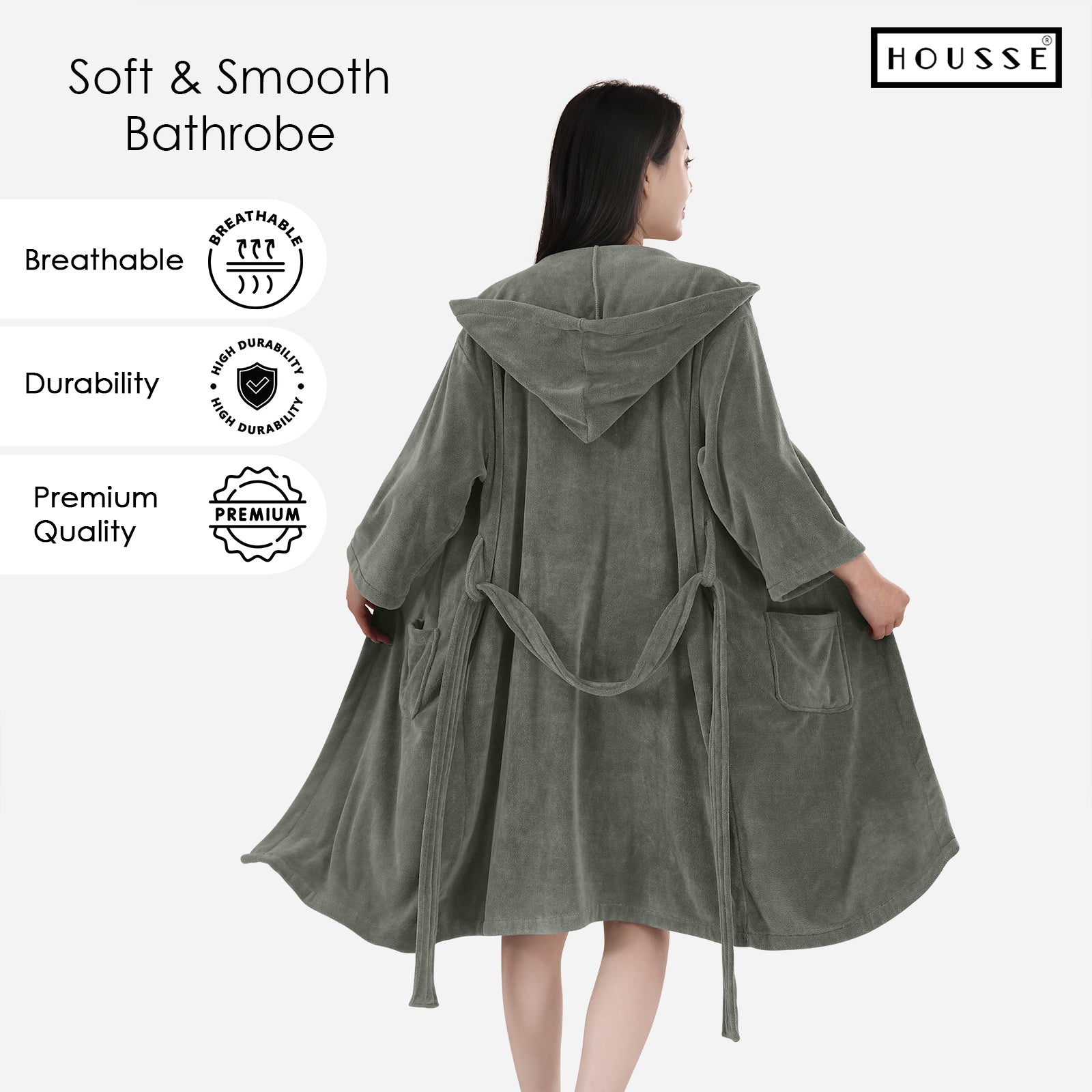 HOUSSE Bathrobe | 450 GSM Microfiber Bathrobe For Women & Men | Super Soft Bathrobe With Hoodie And Belt | Highly Absorbent, Lightweight & Warm | 102 cm Long | Size-L | Pack of 1