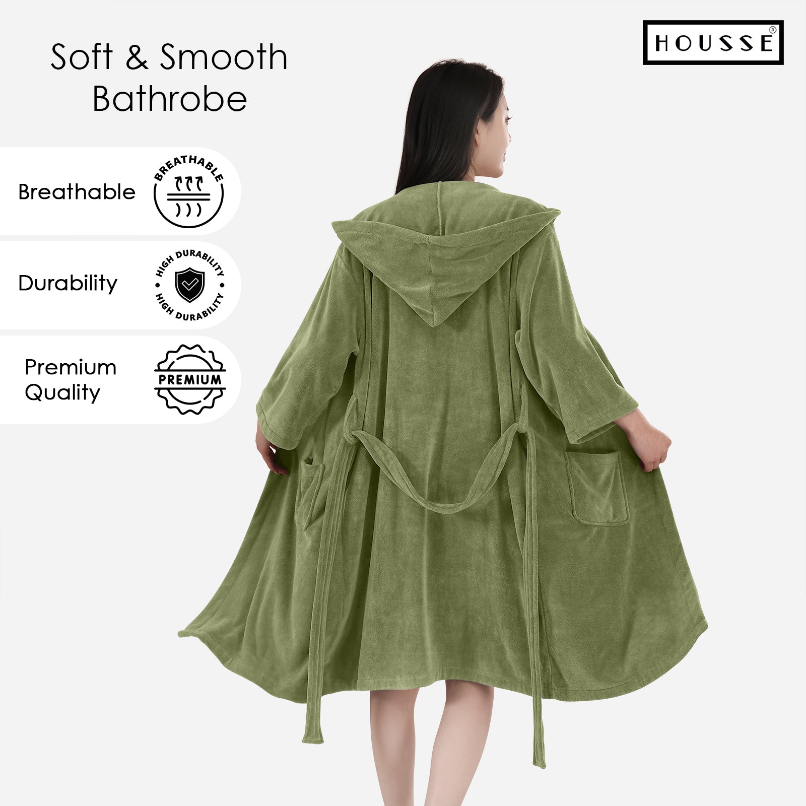 HOUSSE Bathrobe | 450 GSM Microfiber Bathrobe For Women & Men | Super Soft Bathrobe With Hoodie And Belt | Highly Absorbent, Lightweight & Warm | 102 cm Long | Size-L | Pack of 1