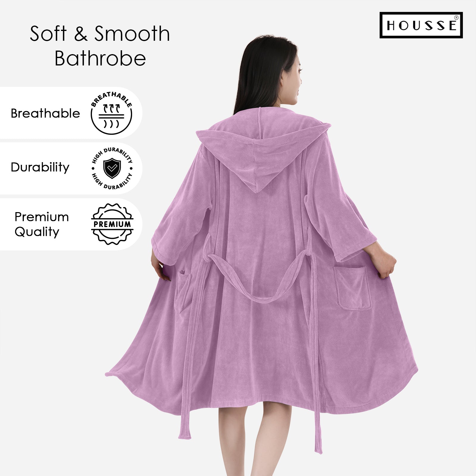 HOUSSE Bathrobe | 450 GSM Microfiber Bathrobe For Women & Men | Super Soft Bathrobe With Hoodie And Belt | Highly Absorbent, Lightweight & Warm | 102 cm Long | Size-L | Pack of 1
