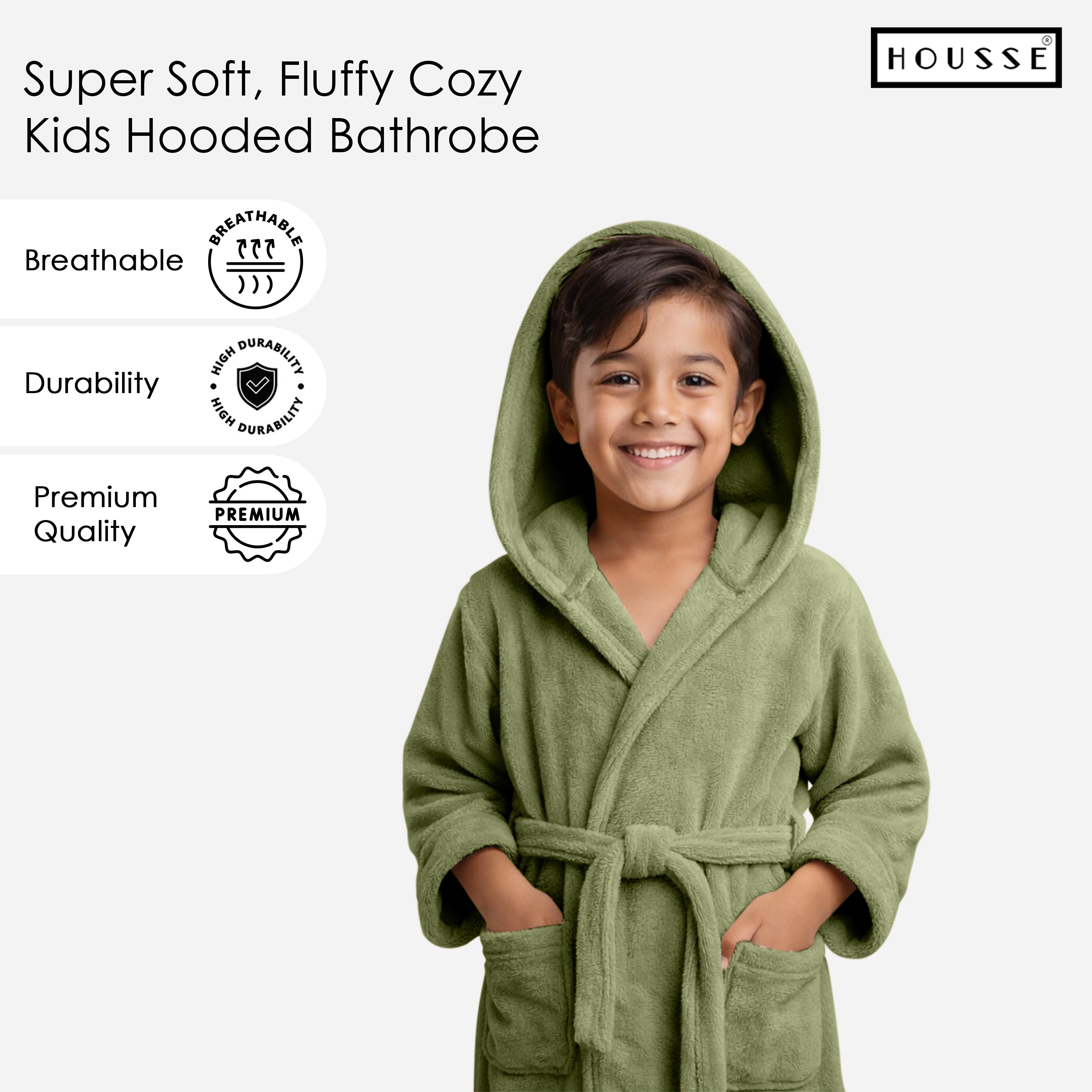HOUSSE Bathrobe | 450 GSM Microfiber Solid Bathrobes for Kids | Solid Bathrobes, Highly Absorbent, Super Soft Bathrobe With Hoodie And Belt | Lightweight & Warm | 102 cm Long | Size-L | Pack of 1