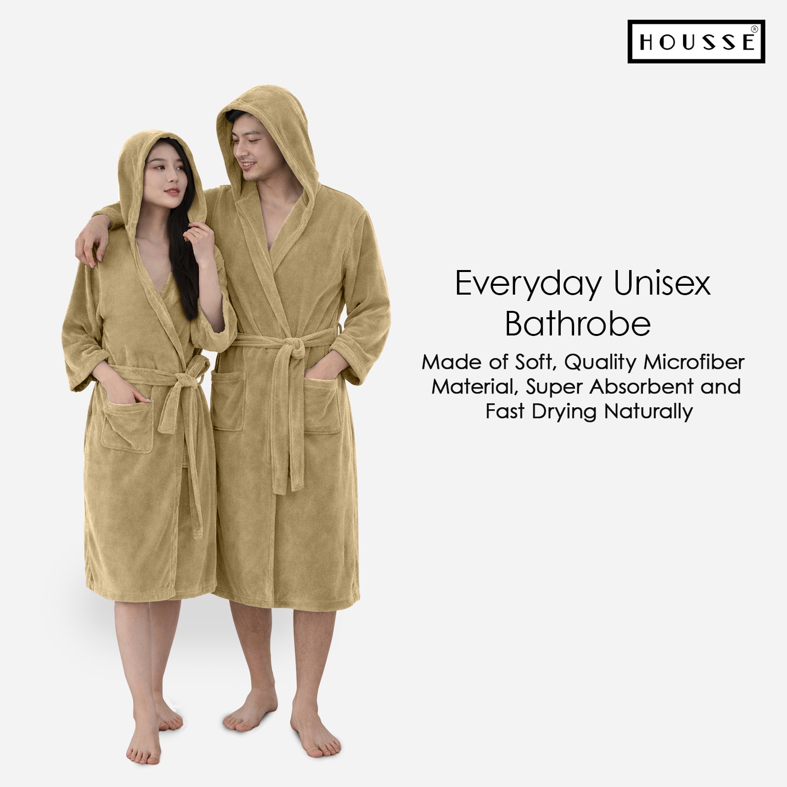 HOUSSE Bathrobe | 450 GSM Microfiber Bathrobe For Women & Men | Super Soft Bathrobe With Hoodie And Belt | Highly Absorbent, Lightweight & Warm | 102 cm Long | Size-L | Pack of 1