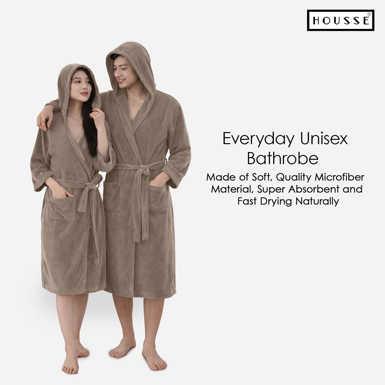 HOUSSE Bathrobe | 450 GSM Microfiber Bathrobe For Women & Men | Super Soft Bathrobe With Hoodie And Belt | Highly Absorbent, Lightweight & Warm | 102 cm Long | Size-L | Pack of 1