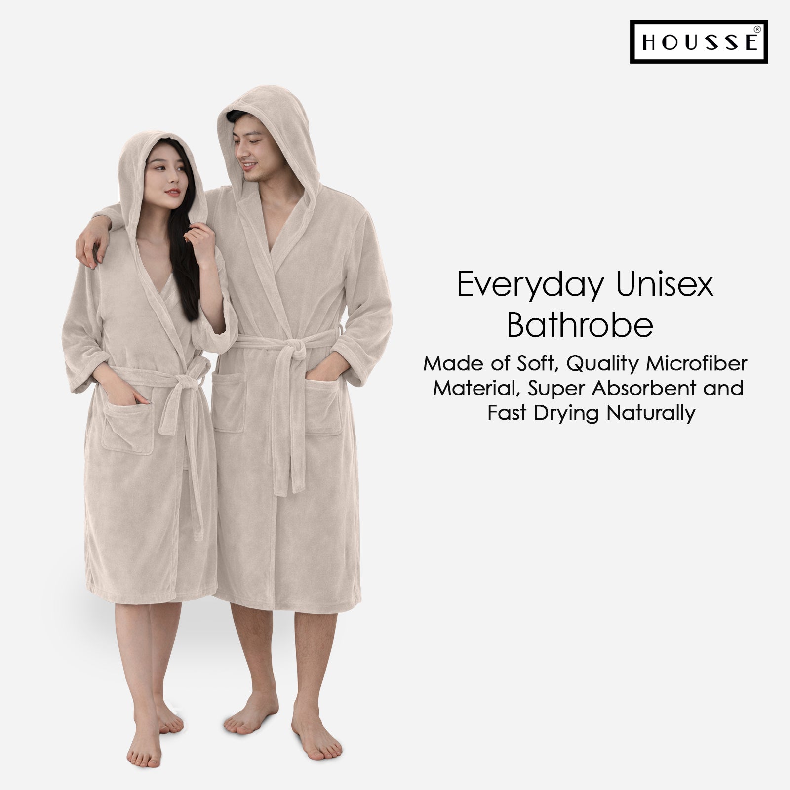 HOUSSE Bathrobe | 450 GSM Microfiber Bathrobe For Women & Men | Super Soft Bathrobe With Hoodie And Belt | Highly Absorbent, Lightweight & Warm | 102 cm Long | Size-L | Pack of 1