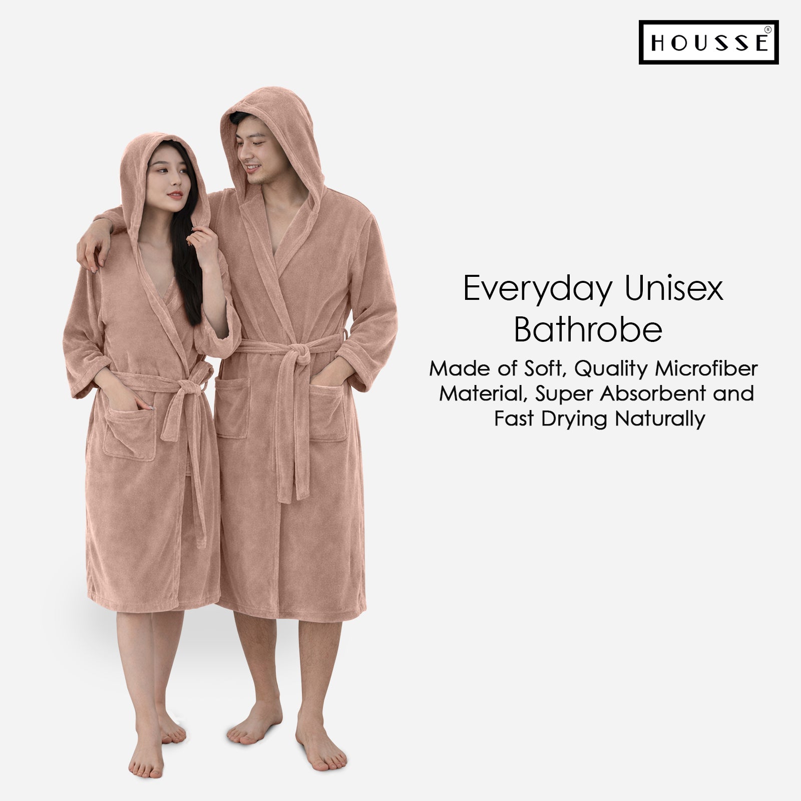 HOUSSE Bathrobe | 450 GSM Microfiber Bathrobe For Women & Men | Super Soft Bathrobe With Hoodie And Belt | Highly Absorbent, Lightweight & Warm | 102 cm Long | Size-L | Pack of 1