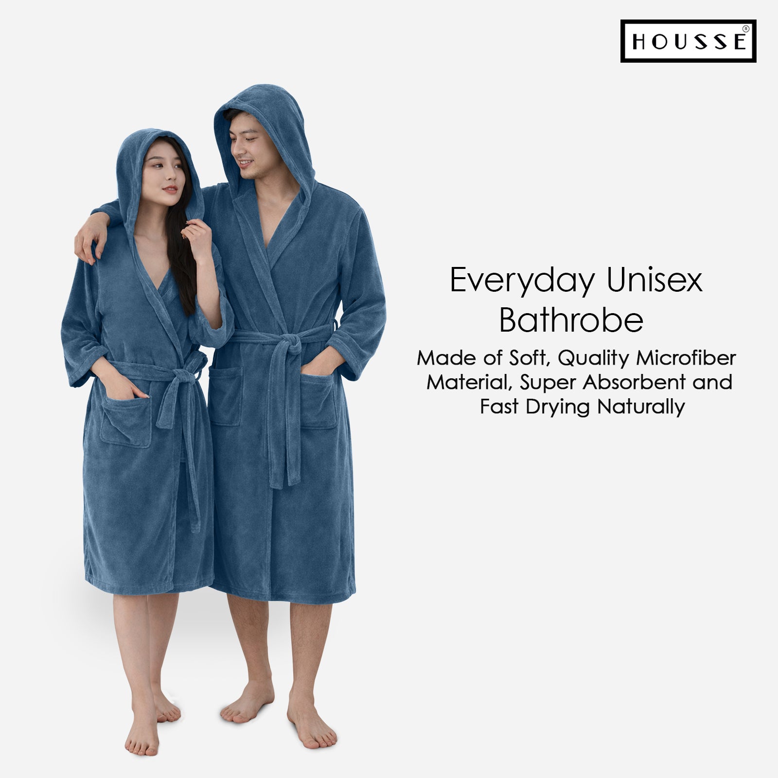 HOUSSE Bathrobe | 450 GSM Microfiber Bathrobe For Women & Men | Super Soft Bathrobe With Hoodie And Belt | Highly Absorbent, Lightweight & Warm | 102 cm Long | Size-L | Pack of 1