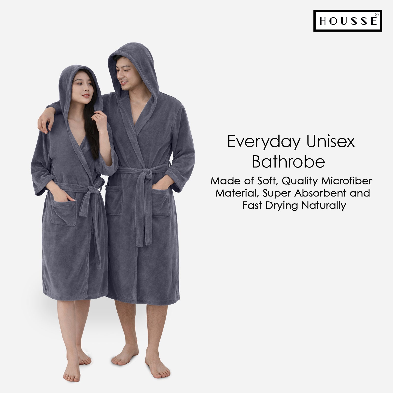 HOUSSE Bathrobe | 450 GSM Microfiber Bathrobe For Women & Men | Super Soft Bathrobe With Hoodie And Belt | Highly Absorbent, Lightweight & Warm | 102 cm Long | Size-L | Pack of 1