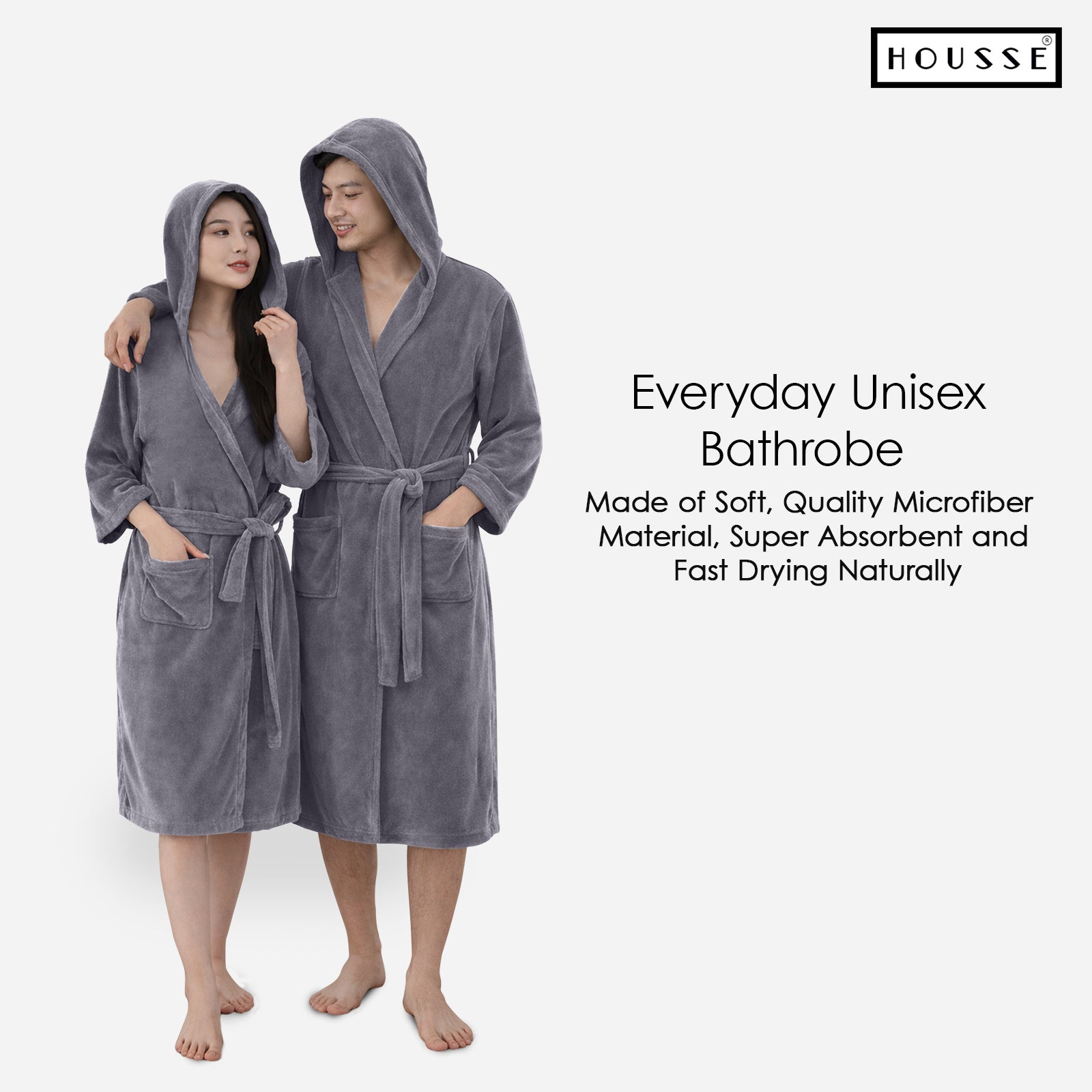 HOUSSE Bathrobe | 450 GSM Microfiber Bathrobe For Women & Men | Super Soft Bathrobe With Hoodie And Belt | Highly Absorbent, Lightweight & Warm | 102 cm Long | Size-L | Pack of 1
