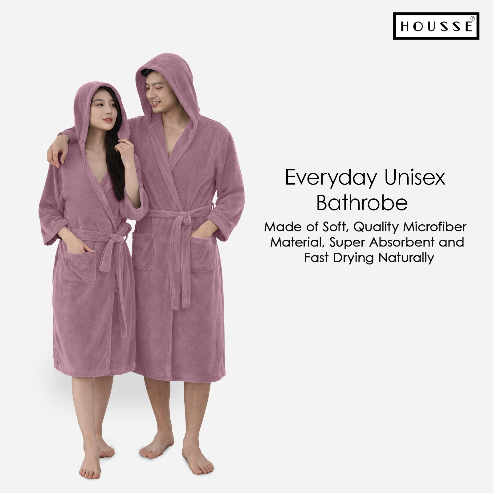 HOUSSE Bathrobe | 450 GSM Microfiber Bathrobe For Women & Men | Super Soft Bathrobe With Hoodie And Belt | Highly Absorbent, Lightweight & Warm | 102 cm Long | Size-L | Pack of 1
