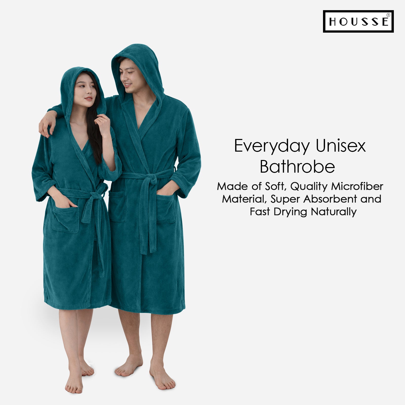 HOUSSE Bathrobe | 450 GSM Microfiber Bathrobe For Women & Men | Super Soft Bathrobe With Hoodie And Belt | Highly Absorbent, Lightweight & Warm | 102 cm Long | Size-L | Pack of 1