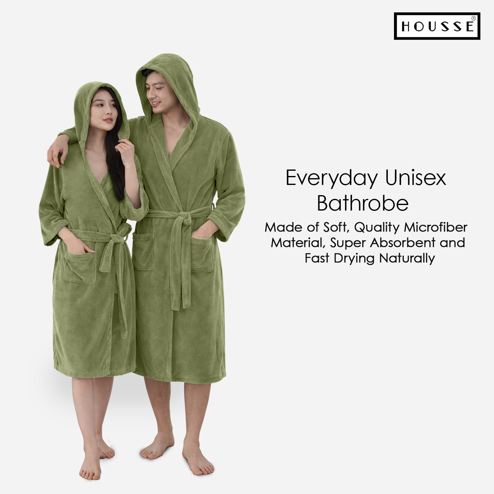 HOUSSE Bathrobe | 450 GSM Microfiber Bathrobe For Women & Men | Super Soft Bathrobe With Hoodie And Belt | Highly Absorbent, Lightweight & Warm | 102 cm Long | Size-L | Pack of 1