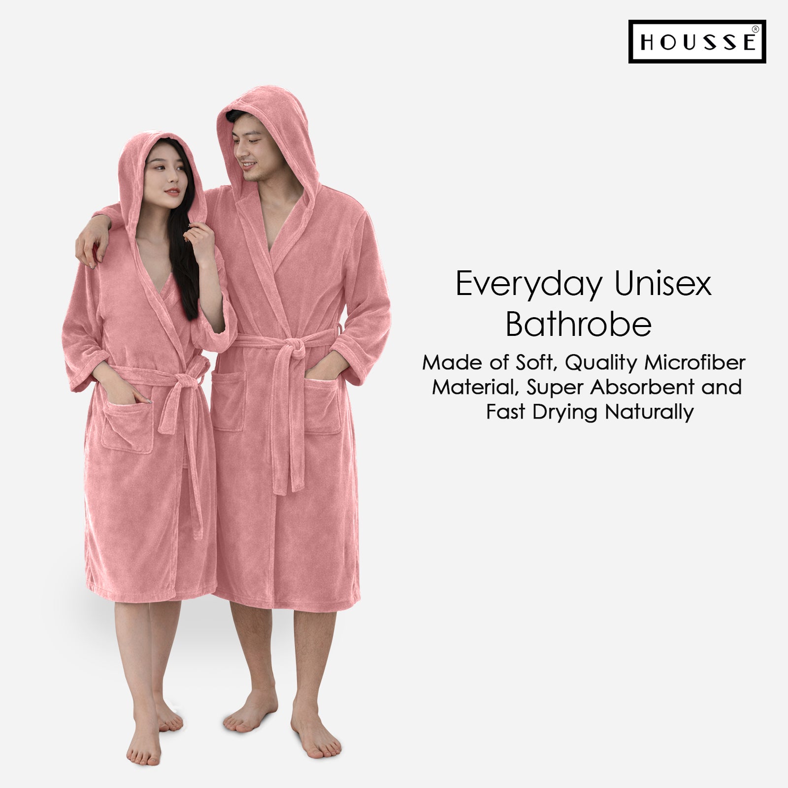 HOUSSE Bathrobe | 450 GSM Microfiber Bathrobe For Women & Men | Super Soft Bathrobe With Hoodie And Belt | Highly Absorbent, Lightweight & Warm | 102 cm Long | Size-L | Pack of 1