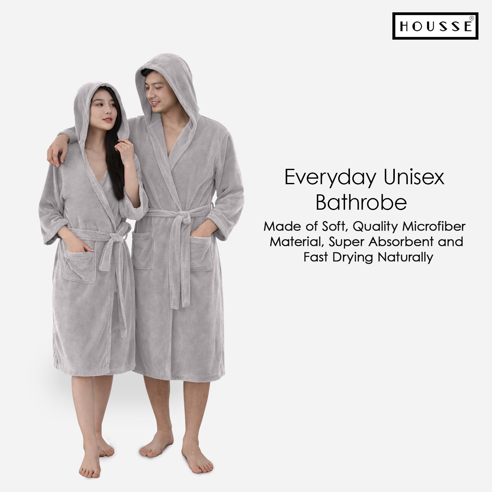 HOUSSE Bathrobe | 450 GSM Microfiber Bathrobe For Women & Men | Super Soft Bathrobe With Hoodie And Belt | Highly Absorbent, Lightweight & Warm | 102 cm Long | Size-L | Pack of 1