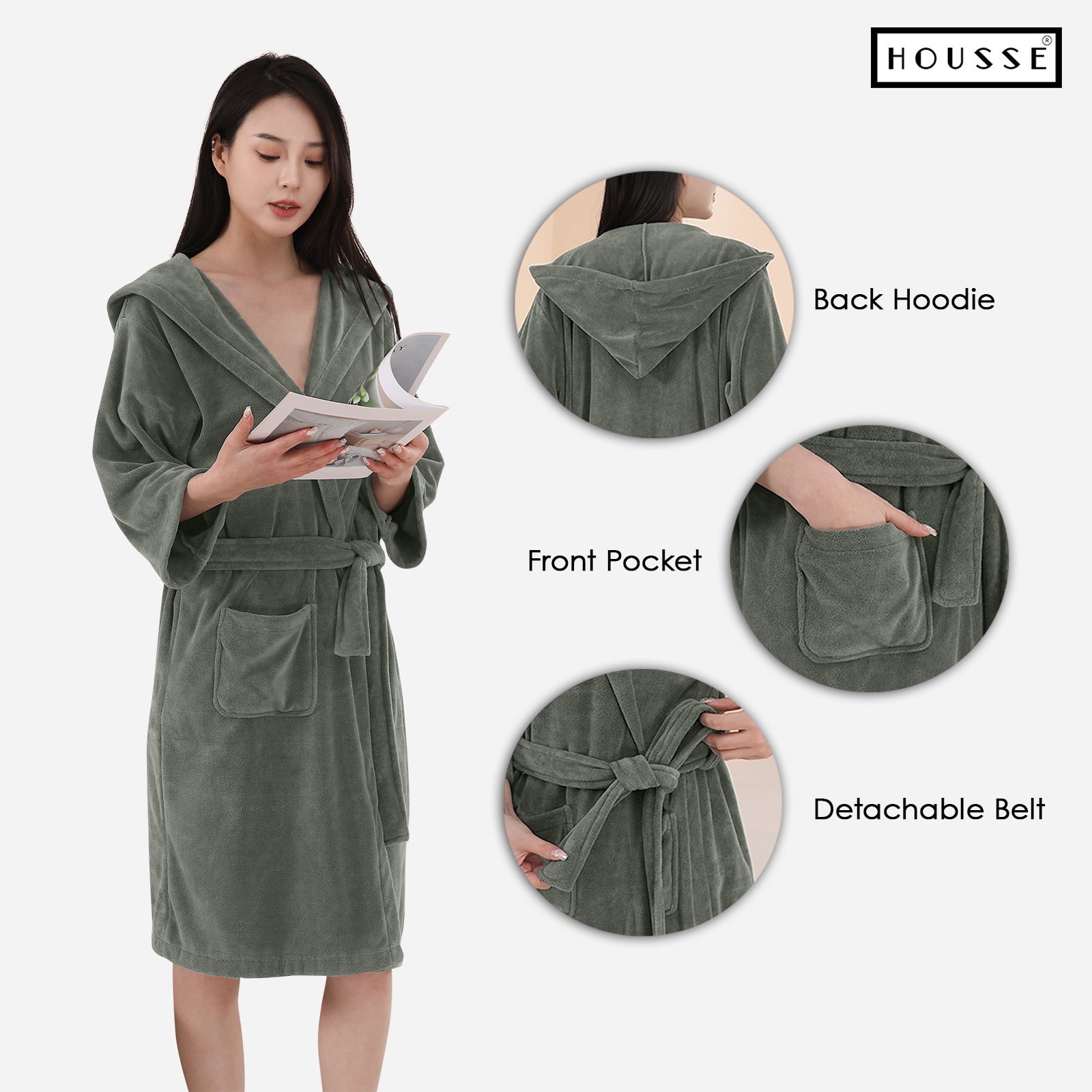 HOUSSE Bathrobe | 450 GSM Microfiber Bathrobe For Women & Men | Super Soft Bathrobe With Hoodie And Belt | Highly Absorbent, Lightweight & Warm | 102 cm Long | Size-L | Pack of 1