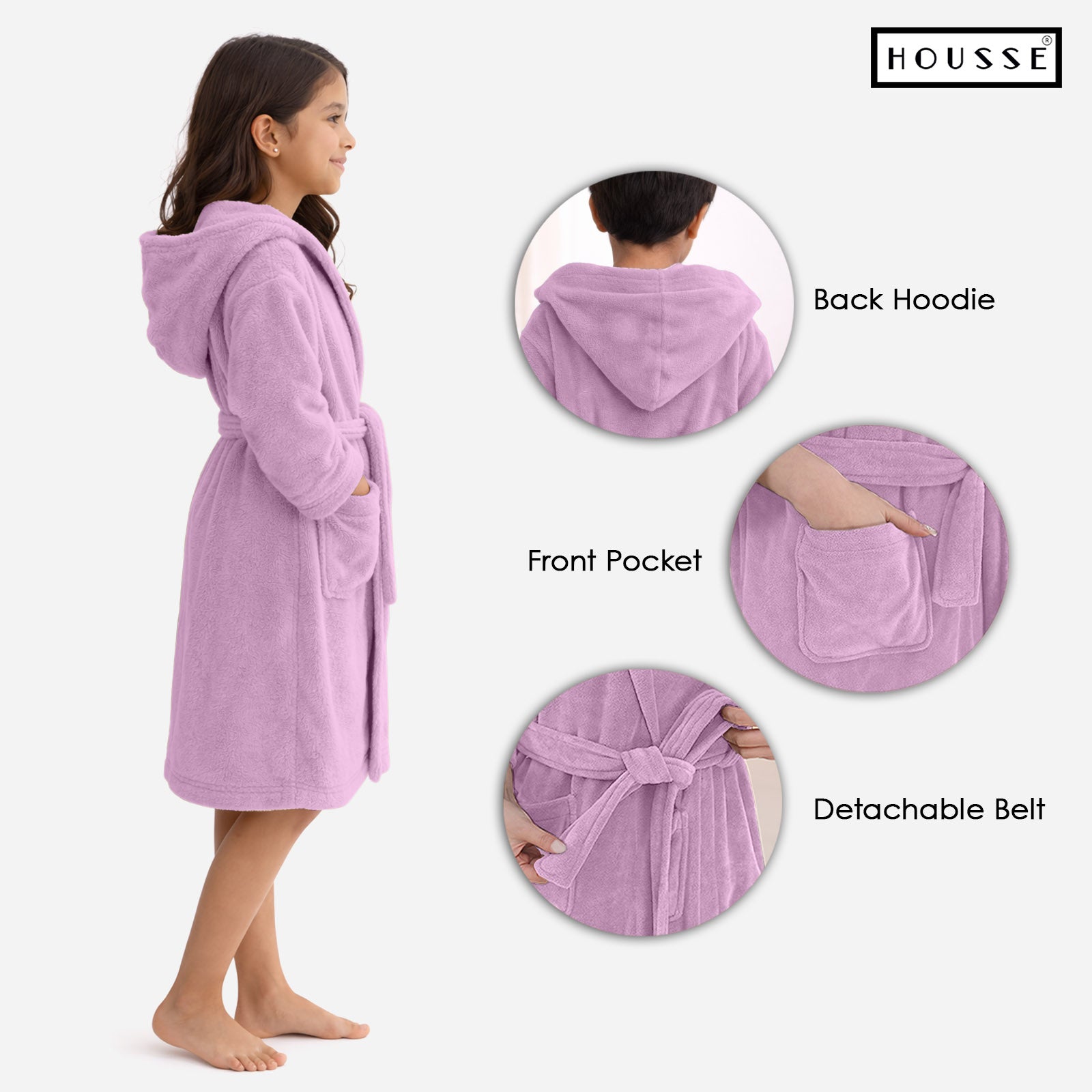 HOUSSE Bathrobe | 450 GSM Microfiber Solid Bathrobes for Kids | Solid Bathrobes, Highly Absorbent, Super Soft Bathrobe With Hoodie And Belt | Lightweight & Warm | 102 cm Long | Size-L | Pack of 1