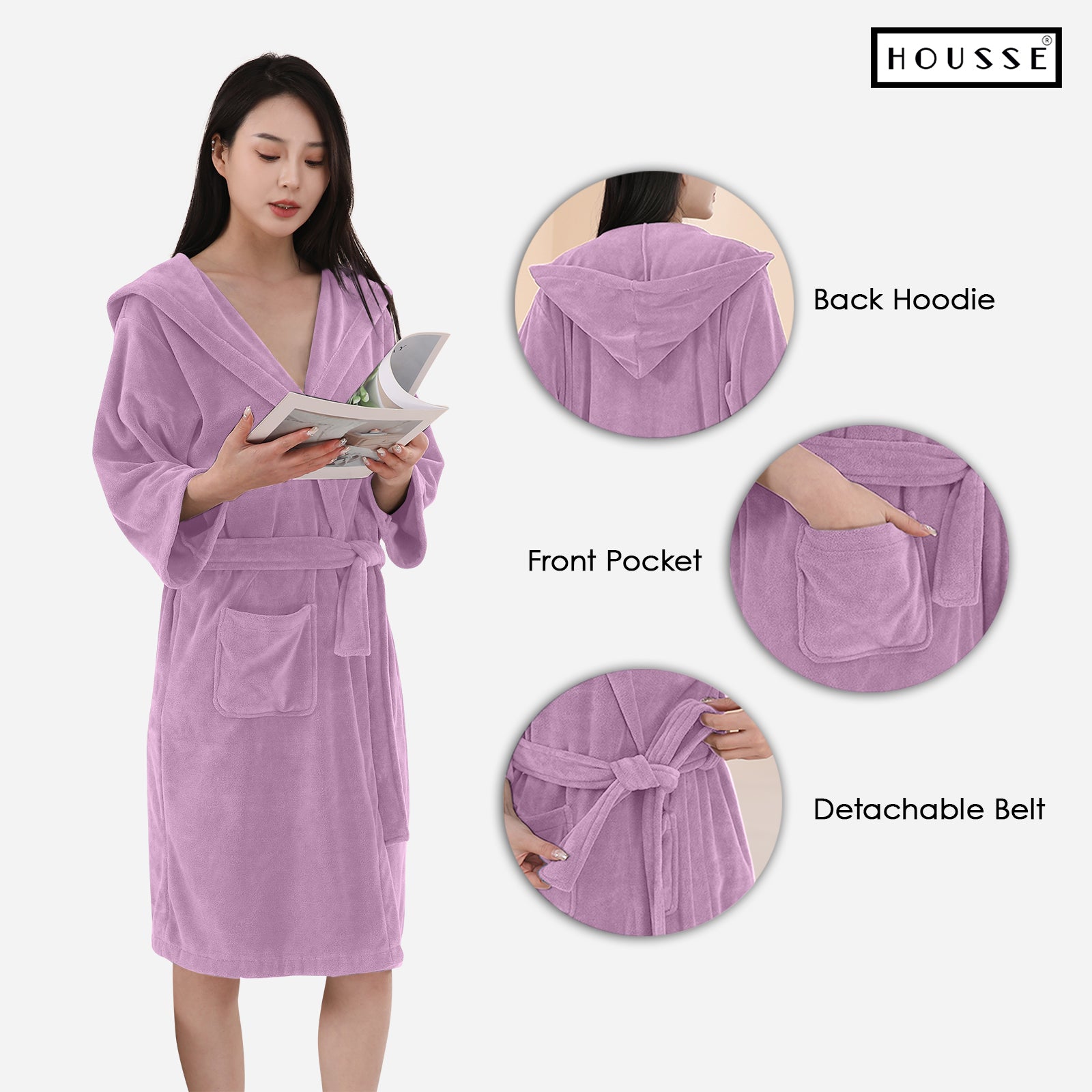HOUSSE Bathrobe | 450 GSM Microfiber Bathrobe For Women & Men | Super Soft Bathrobe With Hoodie And Belt | Highly Absorbent, Lightweight & Warm | 102 cm Long | Size-L | Pack of 1