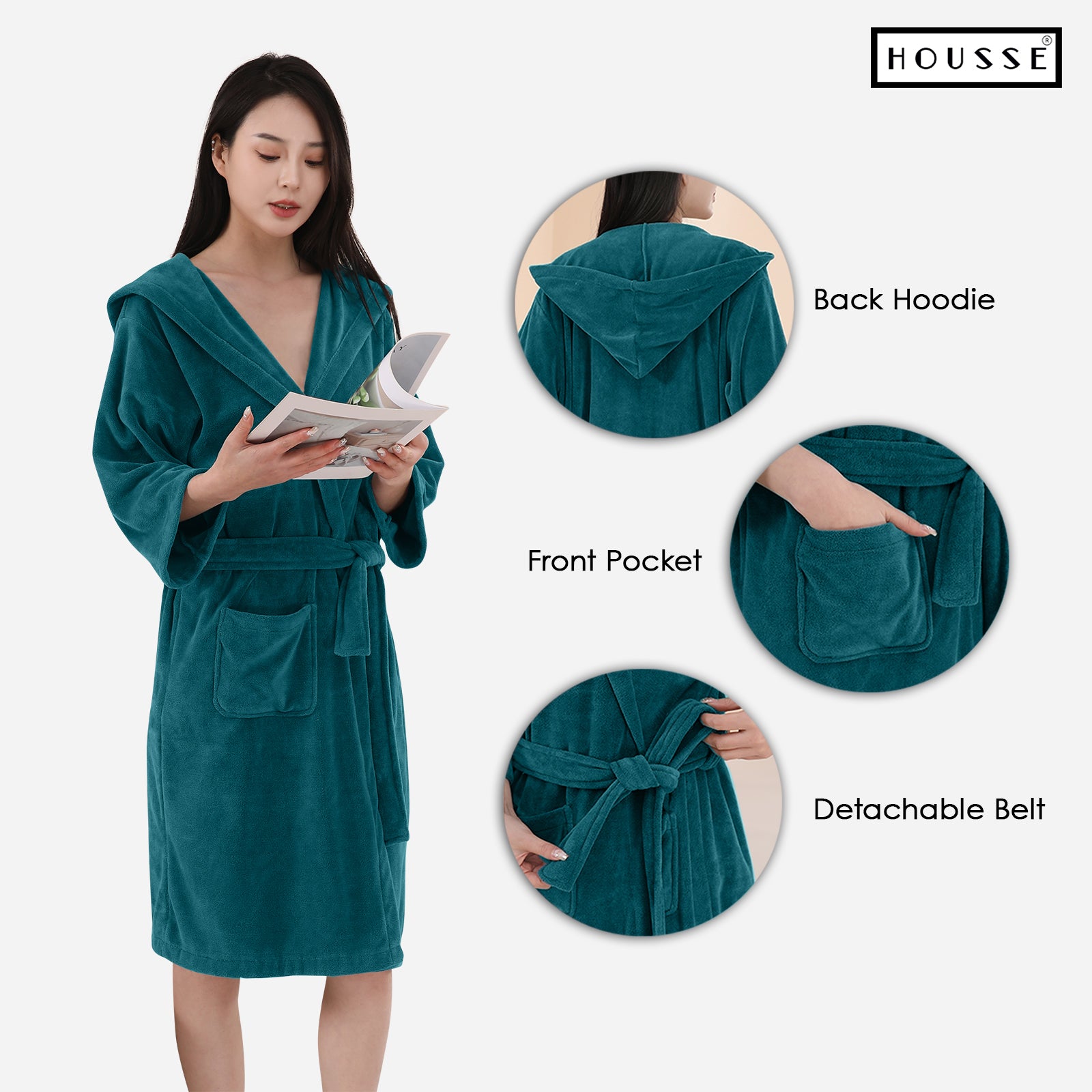 HOUSSE Bathrobe | 450 GSM Microfiber Bathrobe For Women & Men | Super Soft Bathrobe With Hoodie And Belt | Highly Absorbent, Lightweight & Warm | 102 cm Long | Size-L | Pack of 1