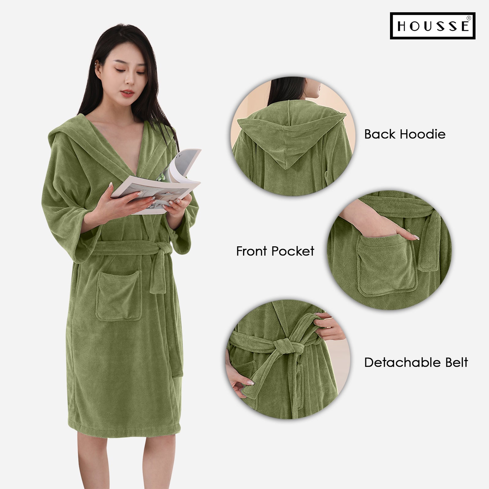 HOUSSE Bathrobe | 450 GSM Microfiber Bathrobe For Women & Men | Super Soft Bathrobe With Hoodie And Belt | Highly Absorbent, Lightweight & Warm | 102 cm Long | Size-L | Pack of 1