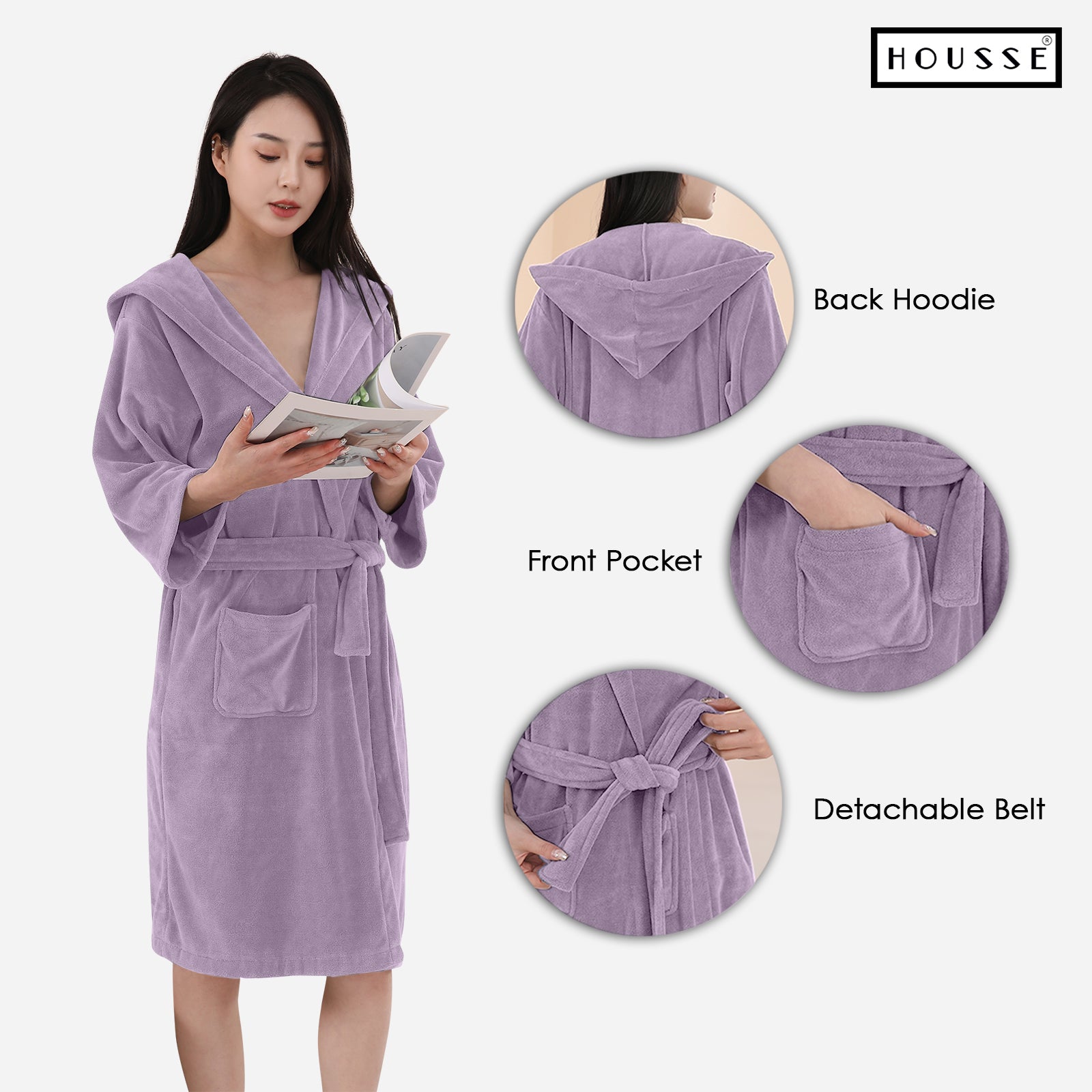 HOUSSE Bathrobe | 450 GSM Microfiber Bathrobe For Women & Men | Super Soft Bathrobe With Hoodie And Belt | Highly Absorbent, Lightweight & Warm | 102 cm Long | Size-L | Pack of 1