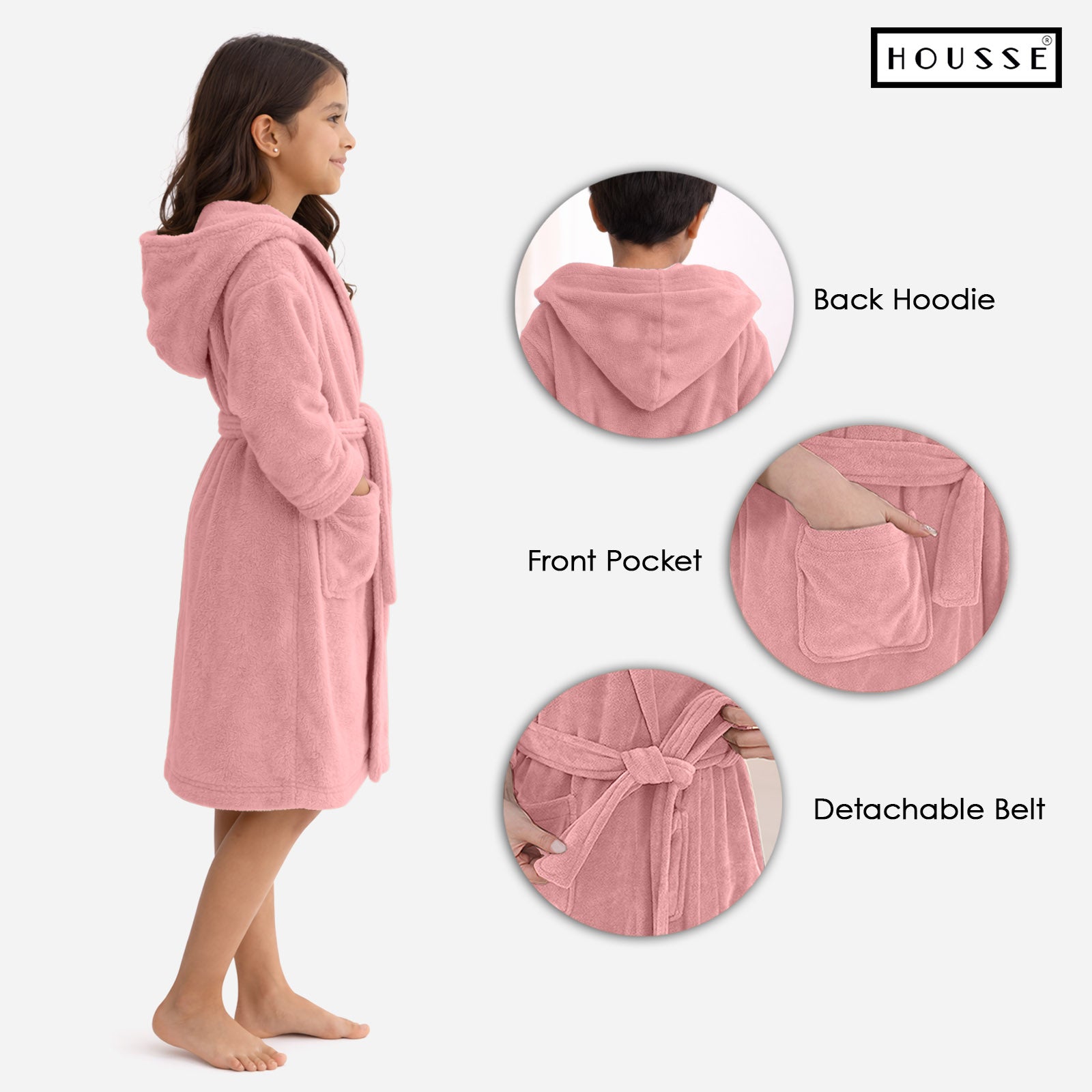 HOUSSE Bathrobe | 450 GSM Microfiber Solid Bathrobes for Kids | Solid Bathrobes, Highly Absorbent, Super Soft Bathrobe With Hoodie And Belt | Lightweight & Warm | 102 cm Long | Size-L | Pack of 1