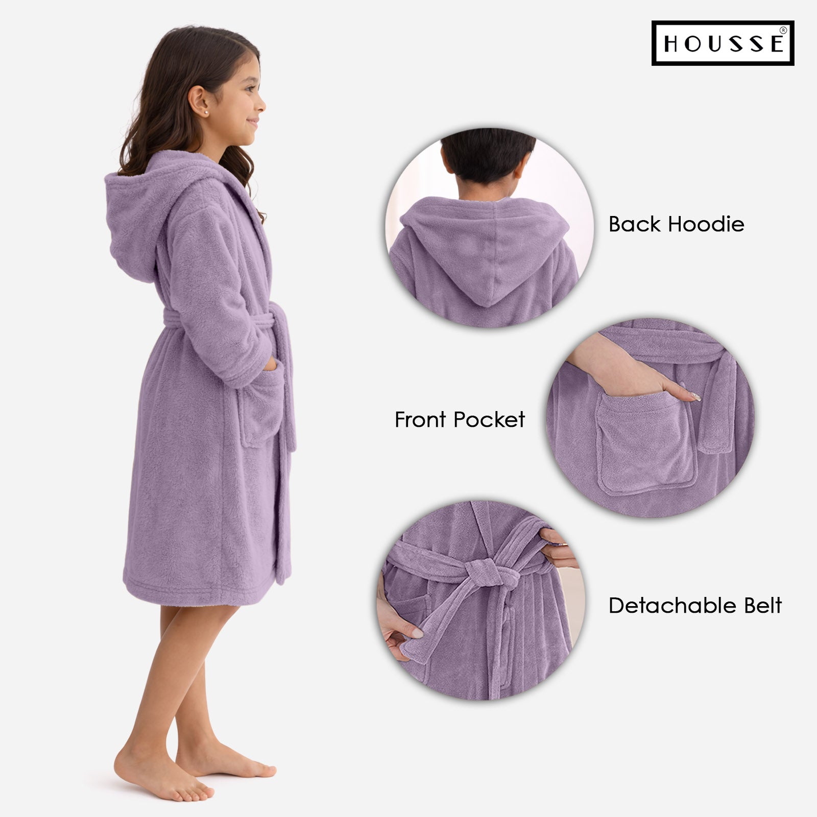 HOUSSE Bathrobe | 450 GSM Microfiber Solid Bathrobes for Kids | Solid Bathrobes, Highly Absorbent, Super Soft Bathrobe With Hoodie And Belt | Lightweight & Warm | 102 cm Long | Size-L | Pack of 1
