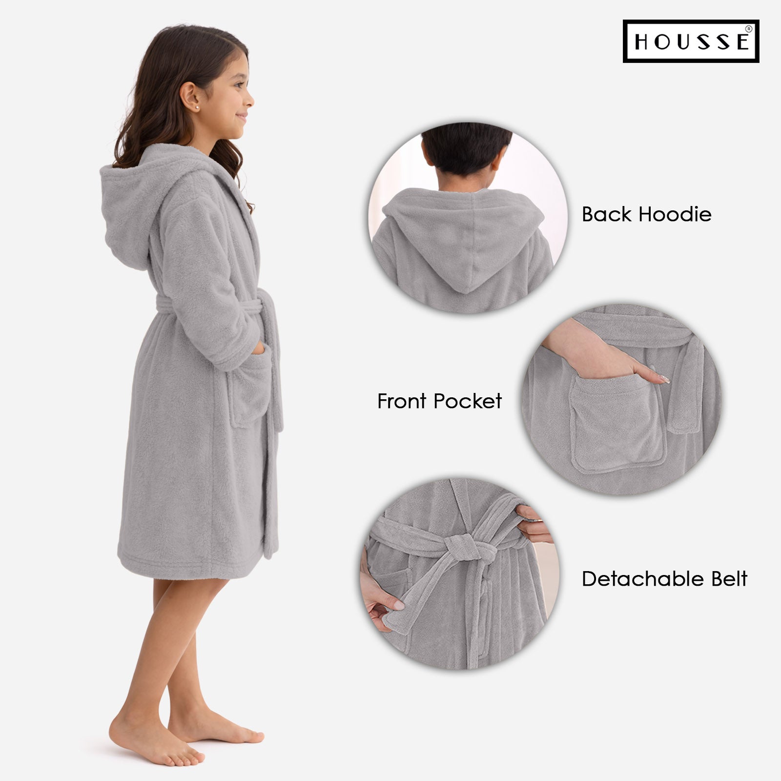 HOUSSE Bathrobe | 450 GSM Microfiber Solid Bathrobes for Kids | Solid Bathrobes, Highly Absorbent, Super Soft Bathrobe With Hoodie And Belt | Lightweight & Warm | 102 cm Long | Size-L | Pack of 1