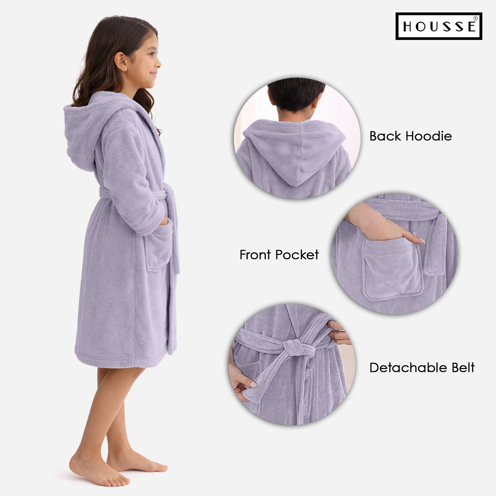 HOUSSE Bathrobe | 450 GSM Microfiber Solid Bathrobes for Kids | Solid Bathrobes, Highly Absorbent, Super Soft Bathrobe With Hoodie And Belt | Lightweight & Warm | 102 cm Long | Size-L | Pack of 1