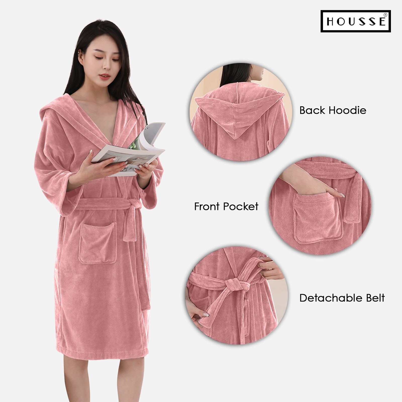 HOUSSE Bathrobe | 450 GSM Microfiber Bathrobe For Women & Men | Super Soft Bathrobe With Hoodie And Belt | Highly Absorbent, Lightweight & Warm | 102 cm Long | Size-L | Pack of 1