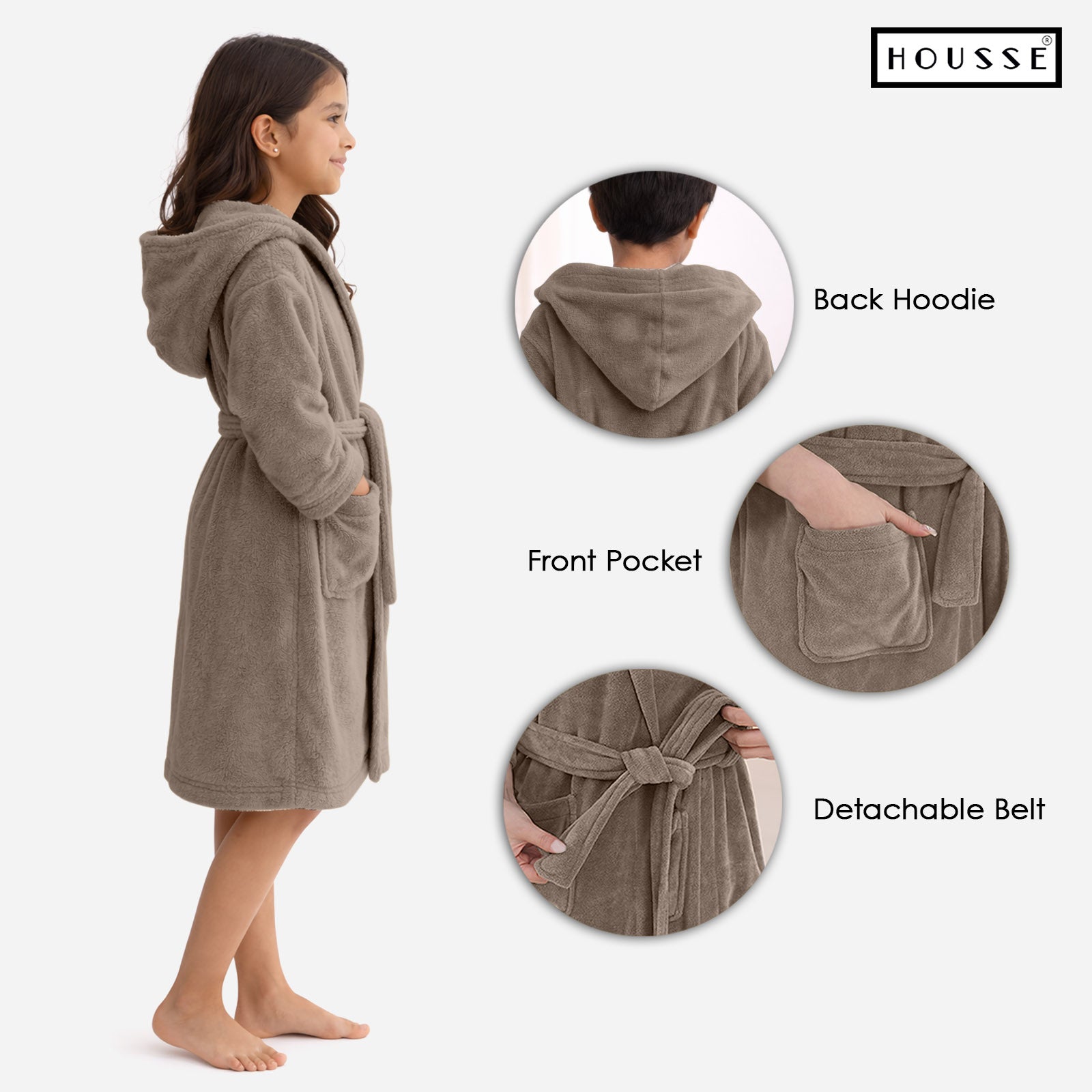 HOUSSE Bathrobe | 450 GSM Microfiber Solid Bathrobes for Kids | Solid Bathrobes, Highly Absorbent, Super Soft Bathrobe With Hoodie And Belt | Lightweight & Warm | 102 cm Long | Size-L | Pack of 1