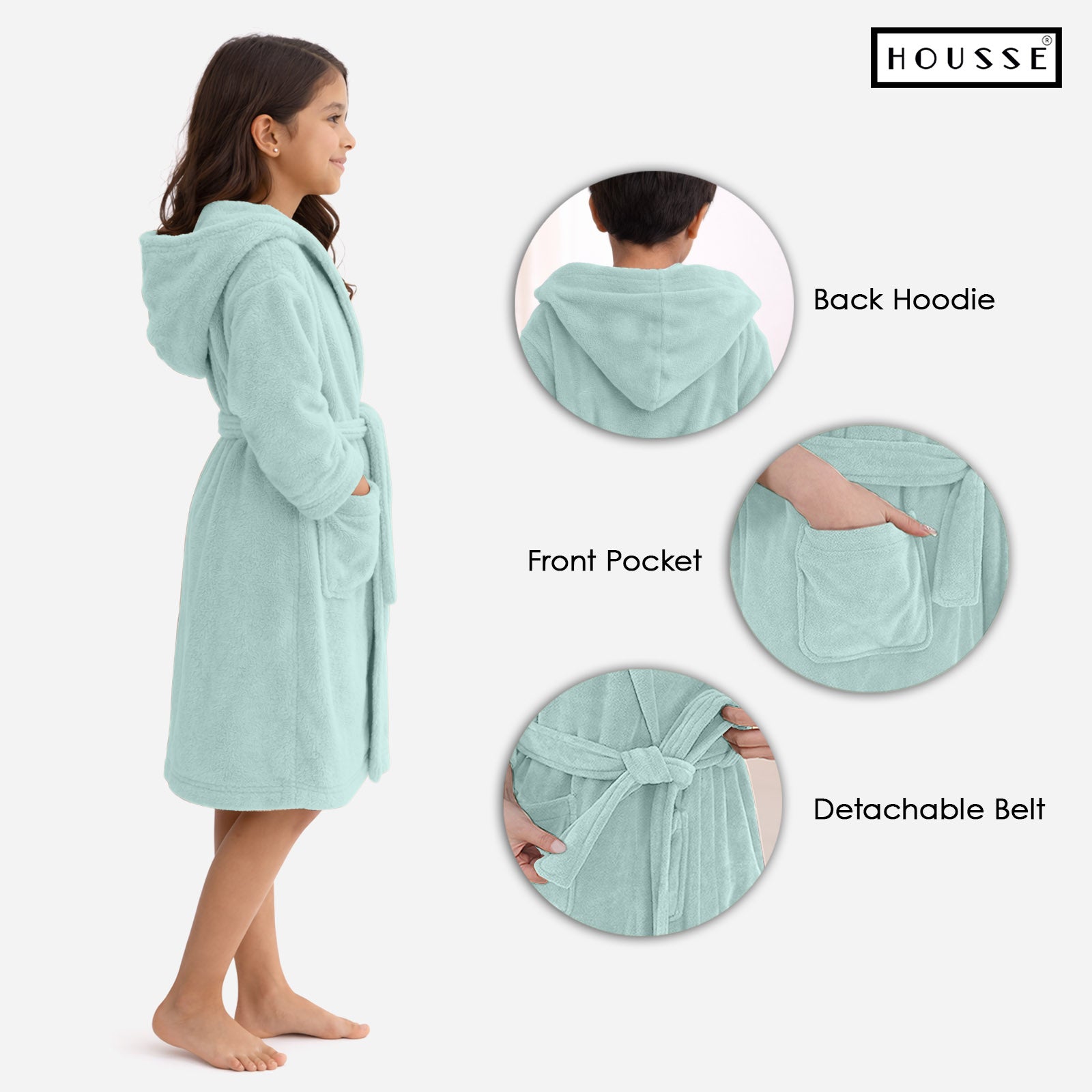 HOUSSE Bathrobe | 450 GSM Microfiber Solid Bathrobes for Kids | Solid Bathrobes, Highly Absorbent, Super Soft Bathrobe With Hoodie And Belt | Lightweight & Warm | 102 cm Long | Size-L | Pack of 1