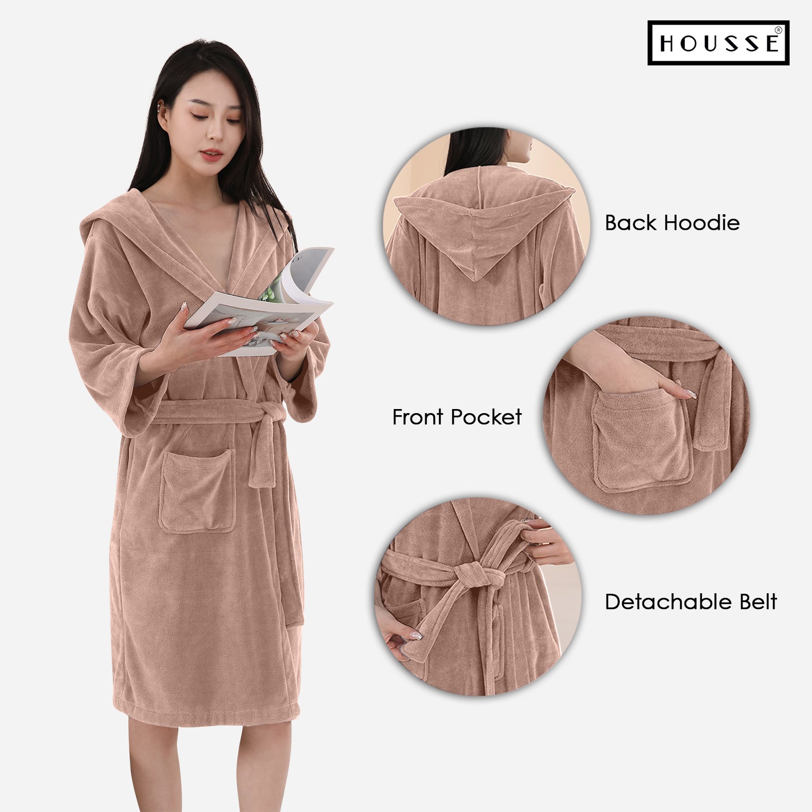 HOUSSE Bathrobe | 450 GSM Microfiber Bathrobe For Women & Men | Super Soft Bathrobe With Hoodie And Belt | Highly Absorbent, Lightweight & Warm | 102 cm Long | Size-L | Pack of 1