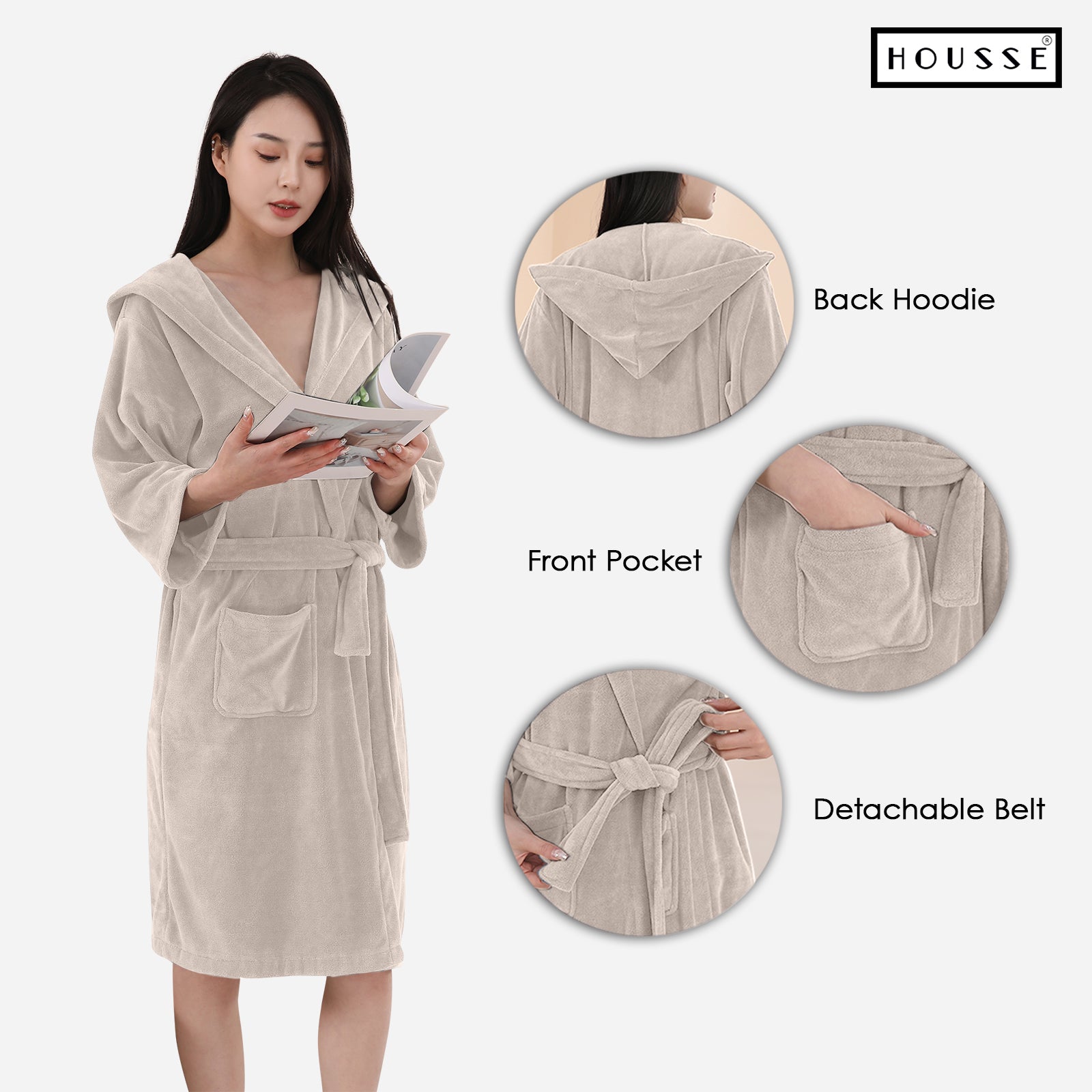 HOUSSE Bathrobe | 450 GSM Microfiber Bathrobe For Women & Men | Super Soft Bathrobe With Hoodie And Belt | Highly Absorbent, Lightweight & Warm | 102 cm Long | Size-L | Pack of 1