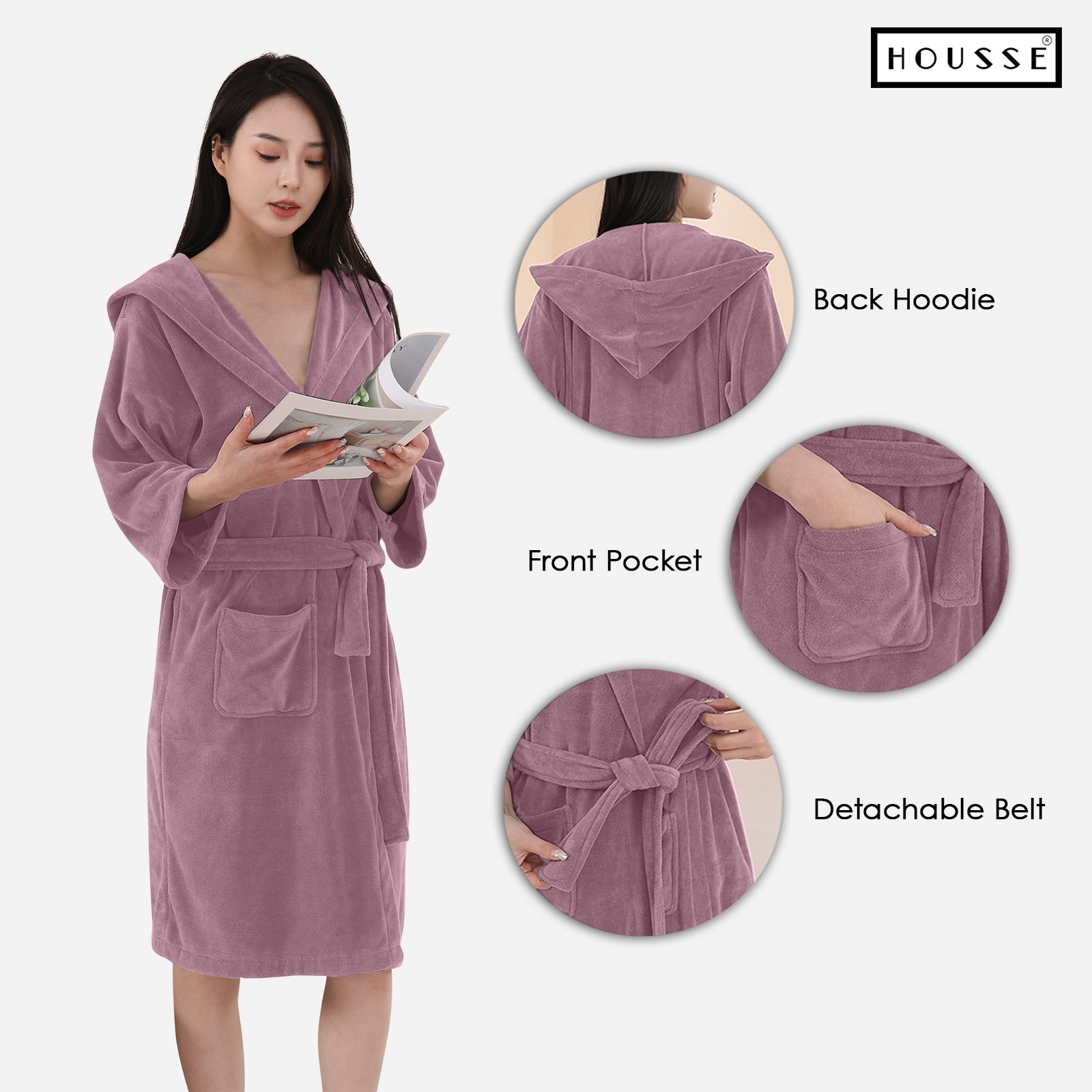 HOUSSE Bathrobe | 450 GSM Microfiber Bathrobe For Women & Men | Super Soft Bathrobe With Hoodie And Belt | Highly Absorbent, Lightweight & Warm | 102 cm Long | Size-L | Pack of 1