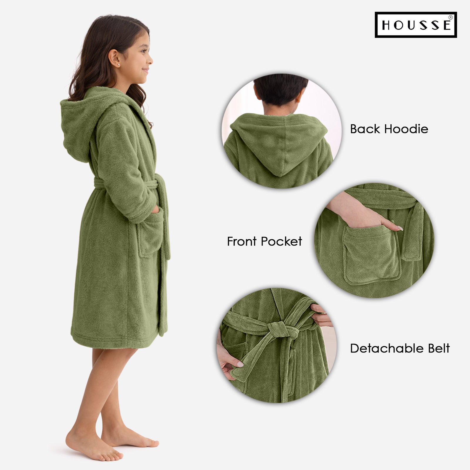 HOUSSE Bathrobe | 450 GSM Microfiber Solid Bathrobes for Kids | Solid Bathrobes, Highly Absorbent, Super Soft Bathrobe With Hoodie And Belt | Lightweight & Warm | 102 cm Long | Size-L | Pack of 1