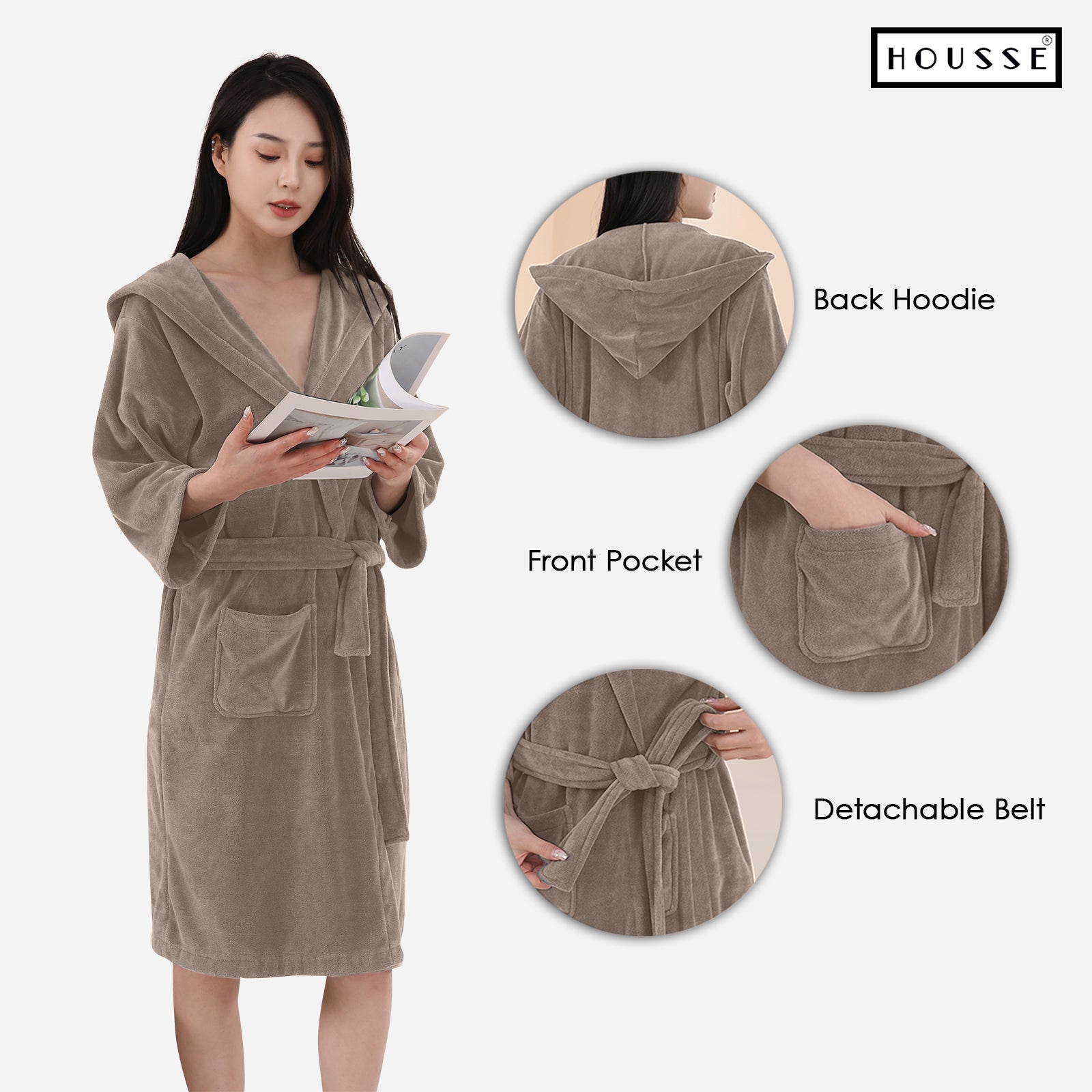 HOUSSE Bathrobe | 450 GSM Microfiber Bathrobe For Women & Men | Super Soft Bathrobe With Hoodie And Belt | Highly Absorbent, Lightweight & Warm | 102 cm Long | Size-L | Pack of 1