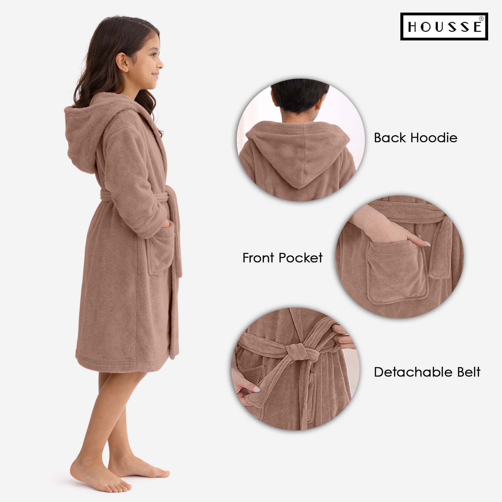 HOUSSE Bathrobe | 450 GSM Microfiber Solid Bathrobes for Kids | Solid Bathrobes, Highly Absorbent, Super Soft Bathrobe With Hoodie And Belt | Lightweight & Warm | 102 cm Long | Size-L | Pack of 1