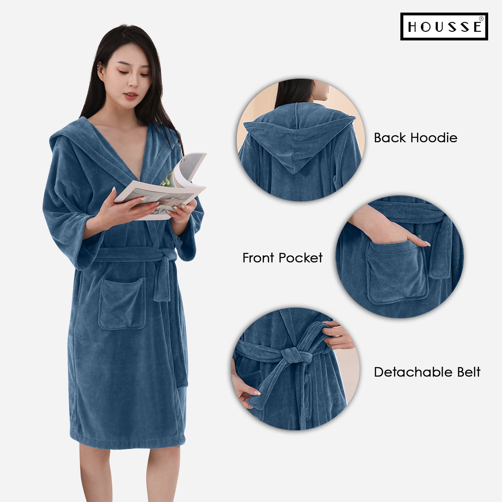 HOUSSE Bathrobe | 450 GSM Microfiber Bathrobe For Women & Men | Super Soft Bathrobe With Hoodie And Belt | Highly Absorbent, Lightweight & Warm | 102 cm Long | Size-L | Pack of 1