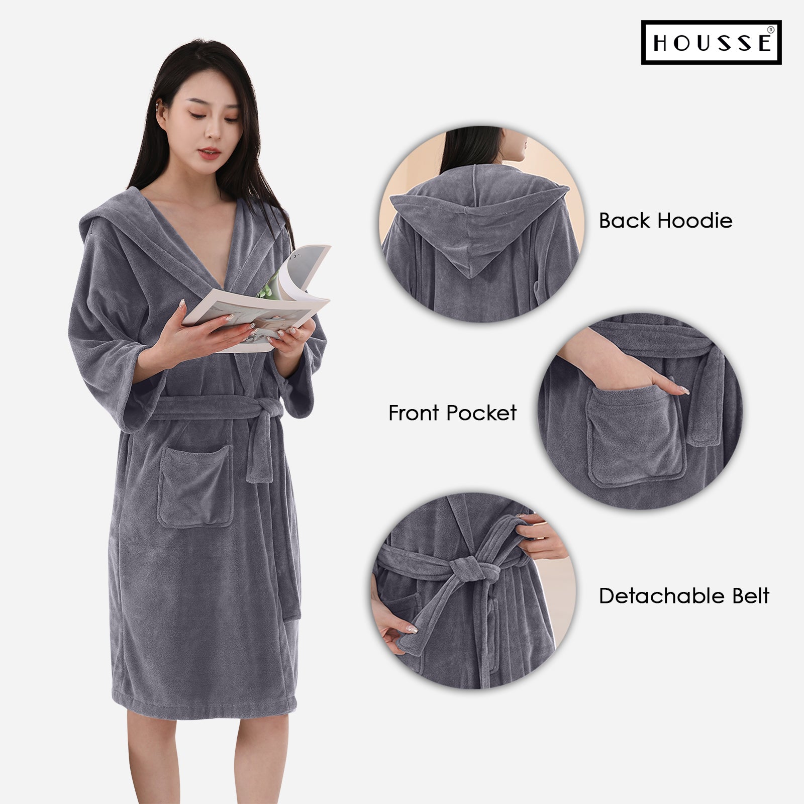 HOUSSE Bathrobe | 450 GSM Microfiber Bathrobe For Women & Men | Super Soft Bathrobe With Hoodie And Belt | Highly Absorbent, Lightweight & Warm | 102 cm Long | Size-L | Pack of 1