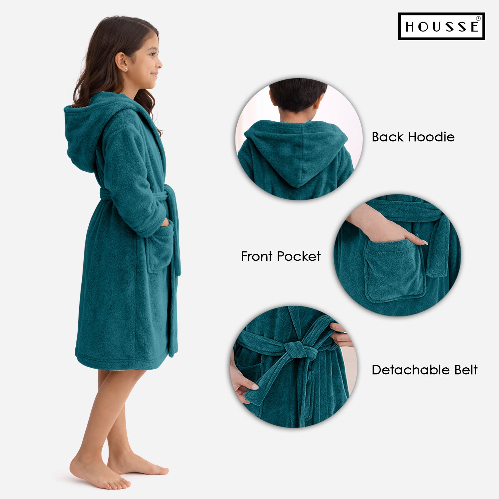 HOUSSE Bathrobe | 450 GSM Microfiber Solid Bathrobes for Kids | Solid Bathrobes, Highly Absorbent, Super Soft Bathrobe With Hoodie And Belt | Lightweight & Warm | 102 cm Long | Size-L | Pack of 1
