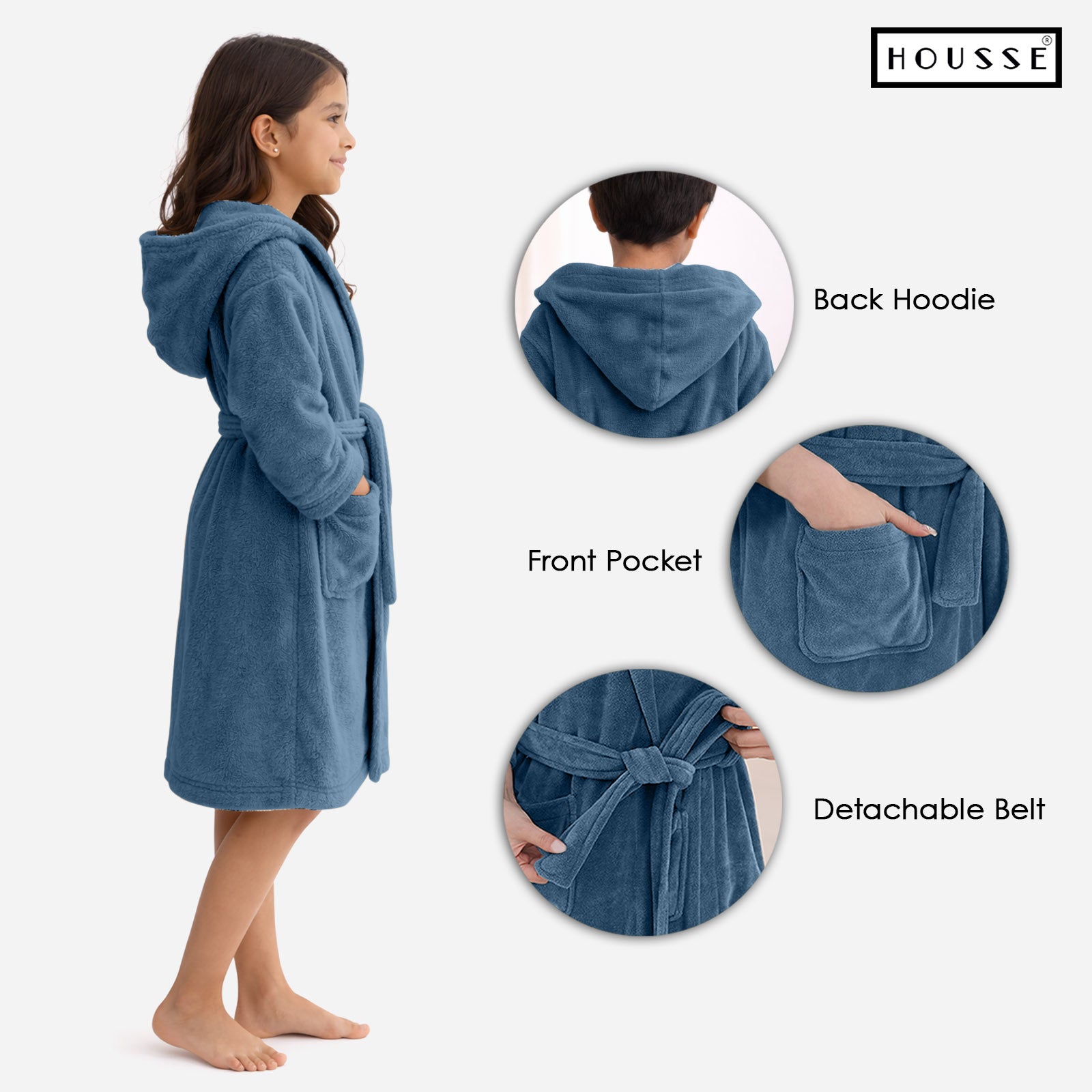 HOUSSE Bathrobe | 450 GSM Microfiber Solid Bathrobes for Kids | Solid Bathrobes, Highly Absorbent, Super Soft Bathrobe With Hoodie And Belt | Lightweight & Warm | 102 cm Long | Size-L | Pack of 1