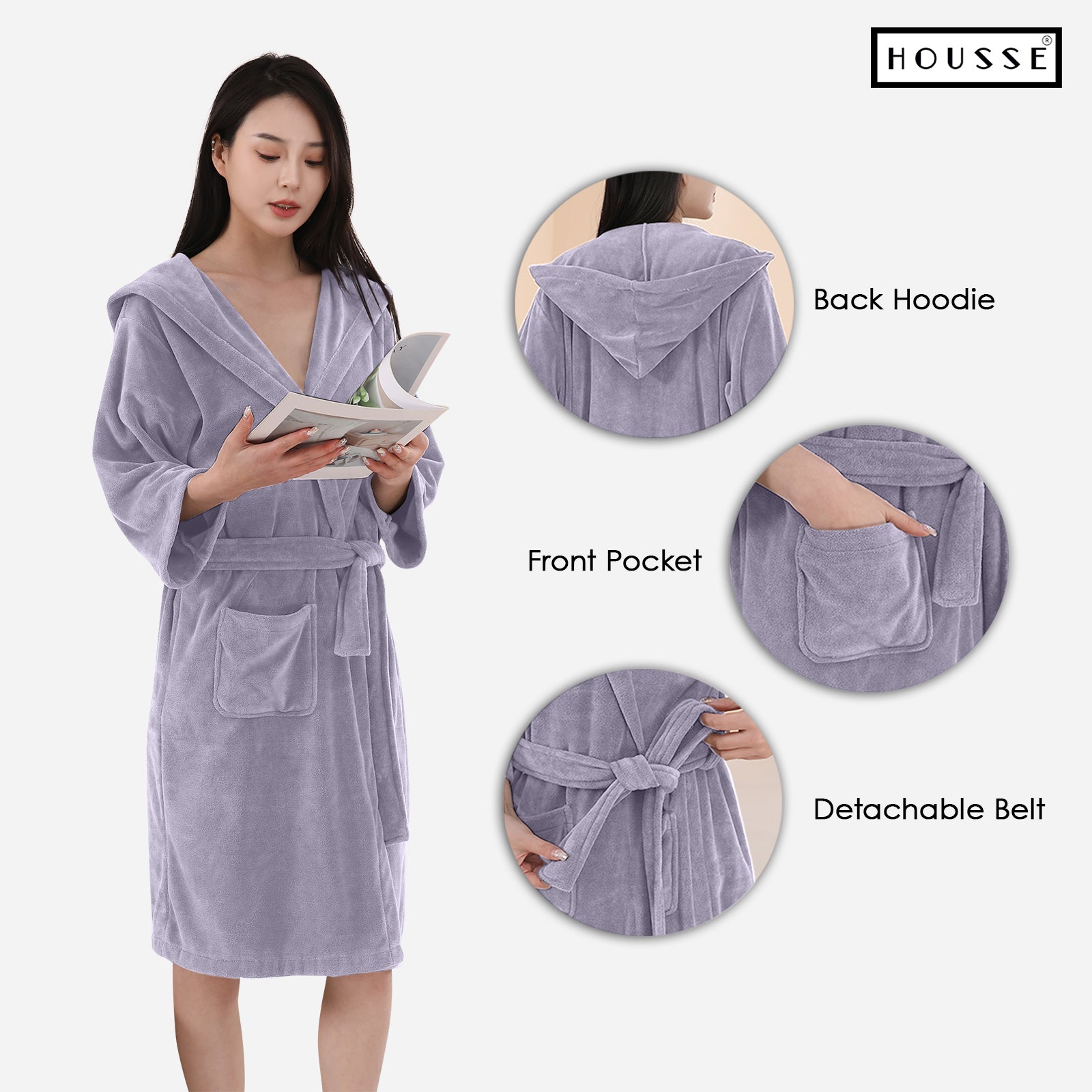HOUSSE Bathrobe | 450 GSM Microfiber Bathrobe For Women & Men | Super Soft Bathrobe With Hoodie And Belt | Highly Absorbent, Lightweight & Warm | 102 cm Long | Size-L | Pack of 1