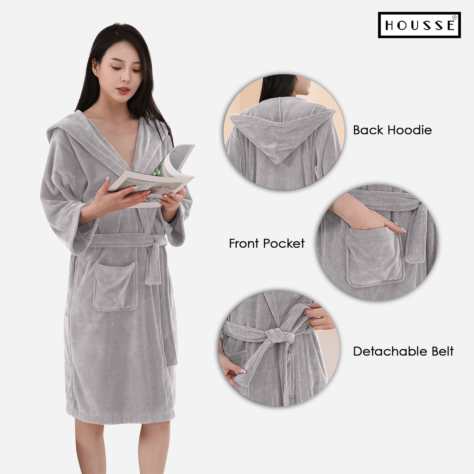 HOUSSE Bathrobe | 450 GSM Microfiber Bathrobe For Women & Men | Super Soft Bathrobe With Hoodie And Belt | Highly Absorbent, Lightweight & Warm | 102 cm Long | Size-L | Pack of 1
