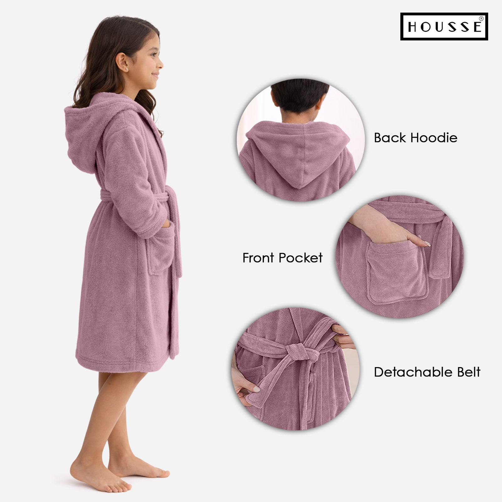 HOUSSE Bathrobe | 450 GSM Microfiber Solid Bathrobes for Kids | Solid Bathrobes, Highly Absorbent, Super Soft Bathrobe With Hoodie And Belt | Lightweight & Warm | 102 cm Long | Size-L | Pack of 1