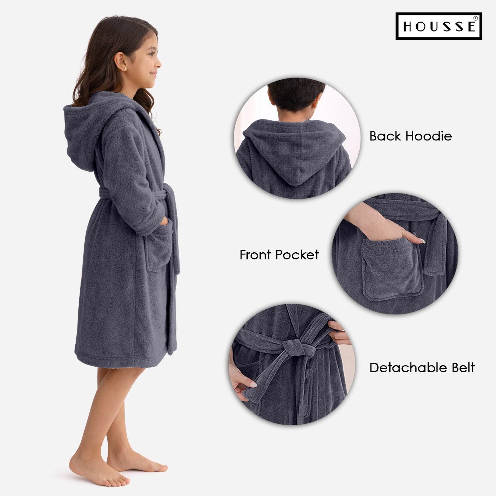 HOUSSE Bathrobe | 450 GSM Microfiber Solid Bathrobes for Kids | Solid Bathrobes, Highly Absorbent, Super Soft Bathrobe With Hoodie And Belt | Lightweight & Warm | 102 cm Long | Size-L | Pack of 1