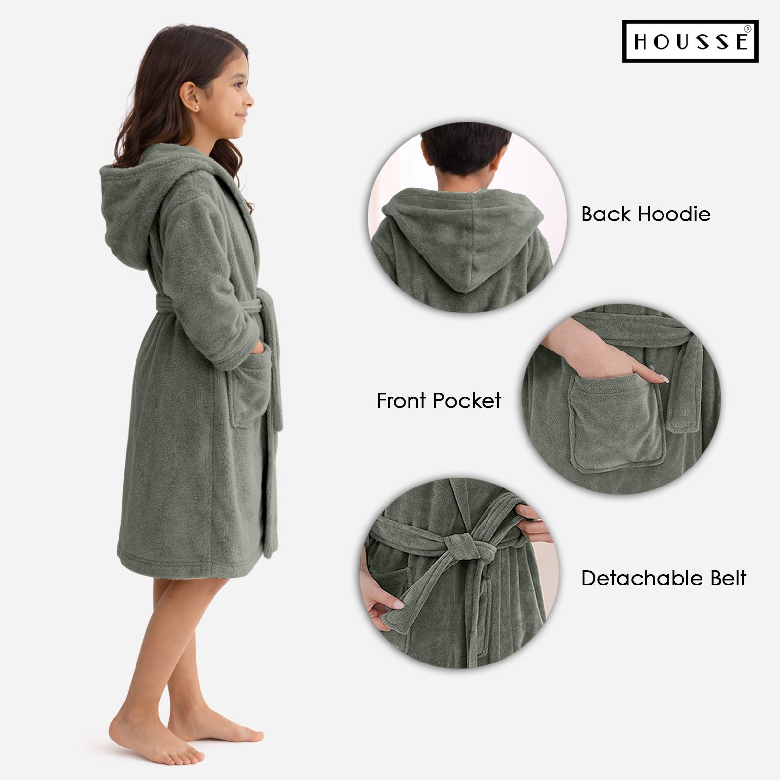 HOUSSE Bathrobe | 450 GSM Microfiber Solid Bathrobes for Kids | Solid Bathrobes, Highly Absorbent, Super Soft Bathrobe With Hoodie And Belt | Lightweight & Warm | 102 cm Long | Size-L | Pack of 1