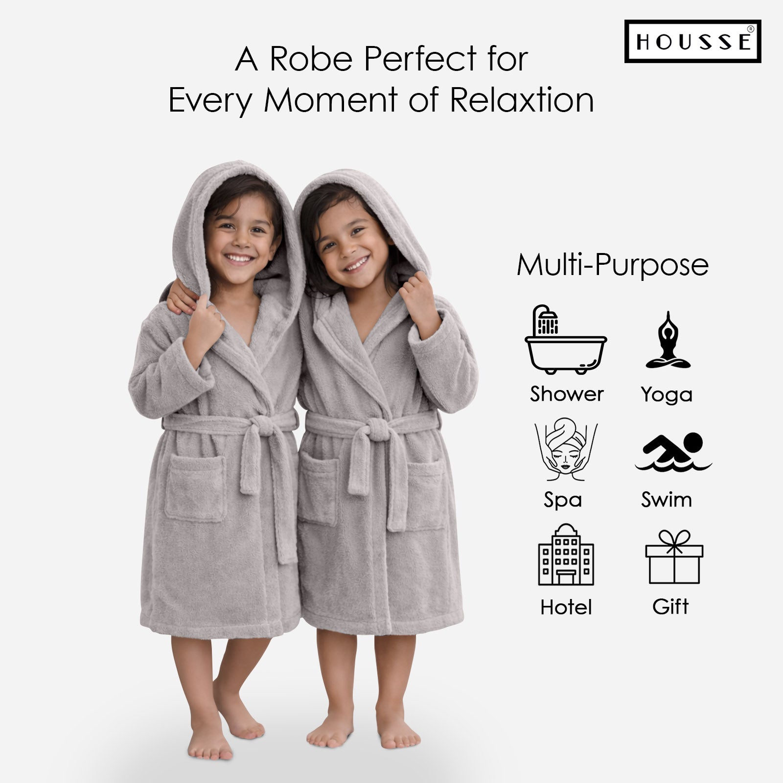 HOUSSE Bathrobe | 450 GSM Microfiber Solid Bathrobes for Kids | Solid Bathrobes, Highly Absorbent, Super Soft Bathrobe With Hoodie And Belt | Lightweight & Warm | 102 cm Long | Size-L | Pack of 1