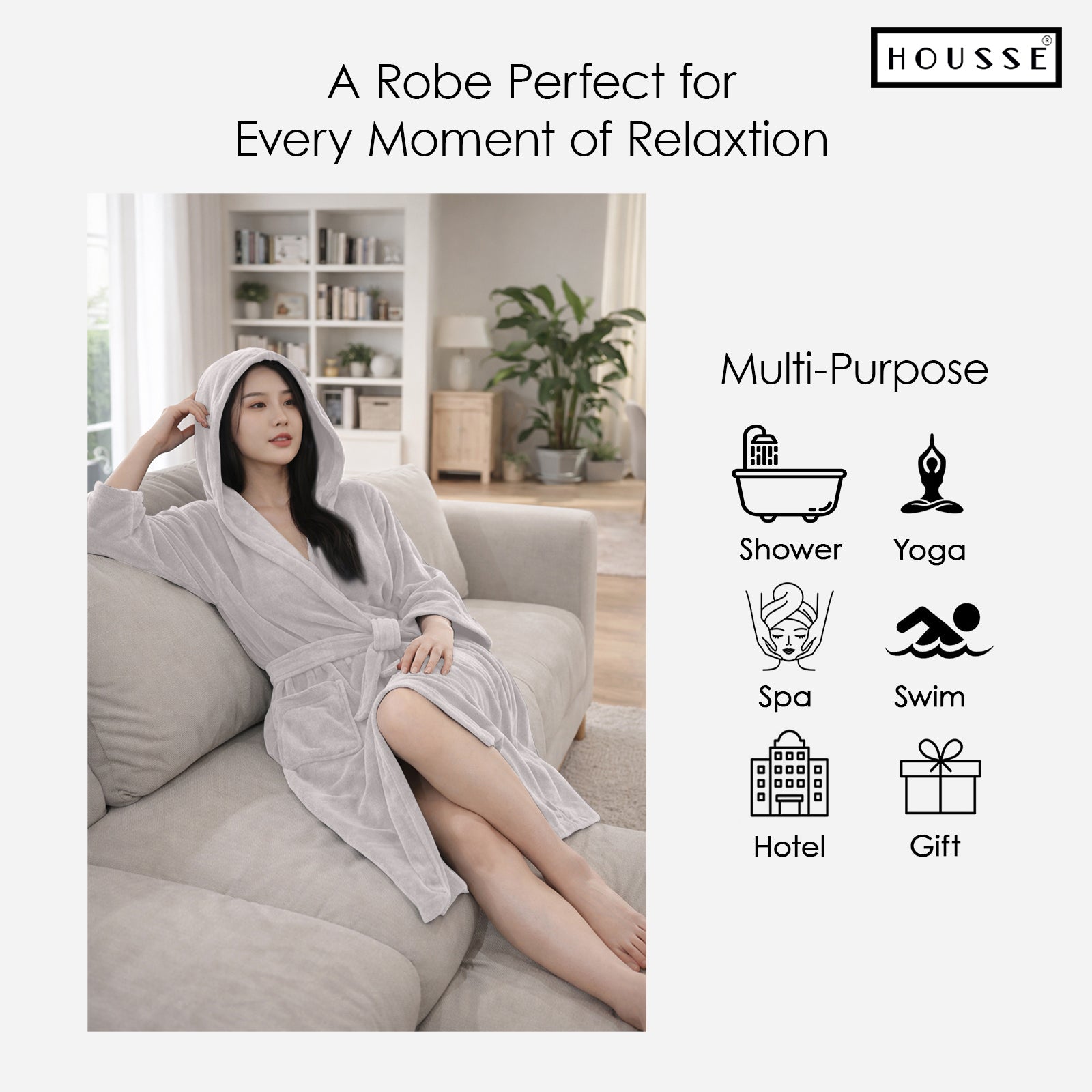 HOUSSE Bathrobe | 450 GSM Microfiber Bathrobe For Women & Men | Super Soft Bathrobe With Hoodie And Belt | Highly Absorbent, Lightweight & Warm | 102 cm Long | Size-L | Pack of 1