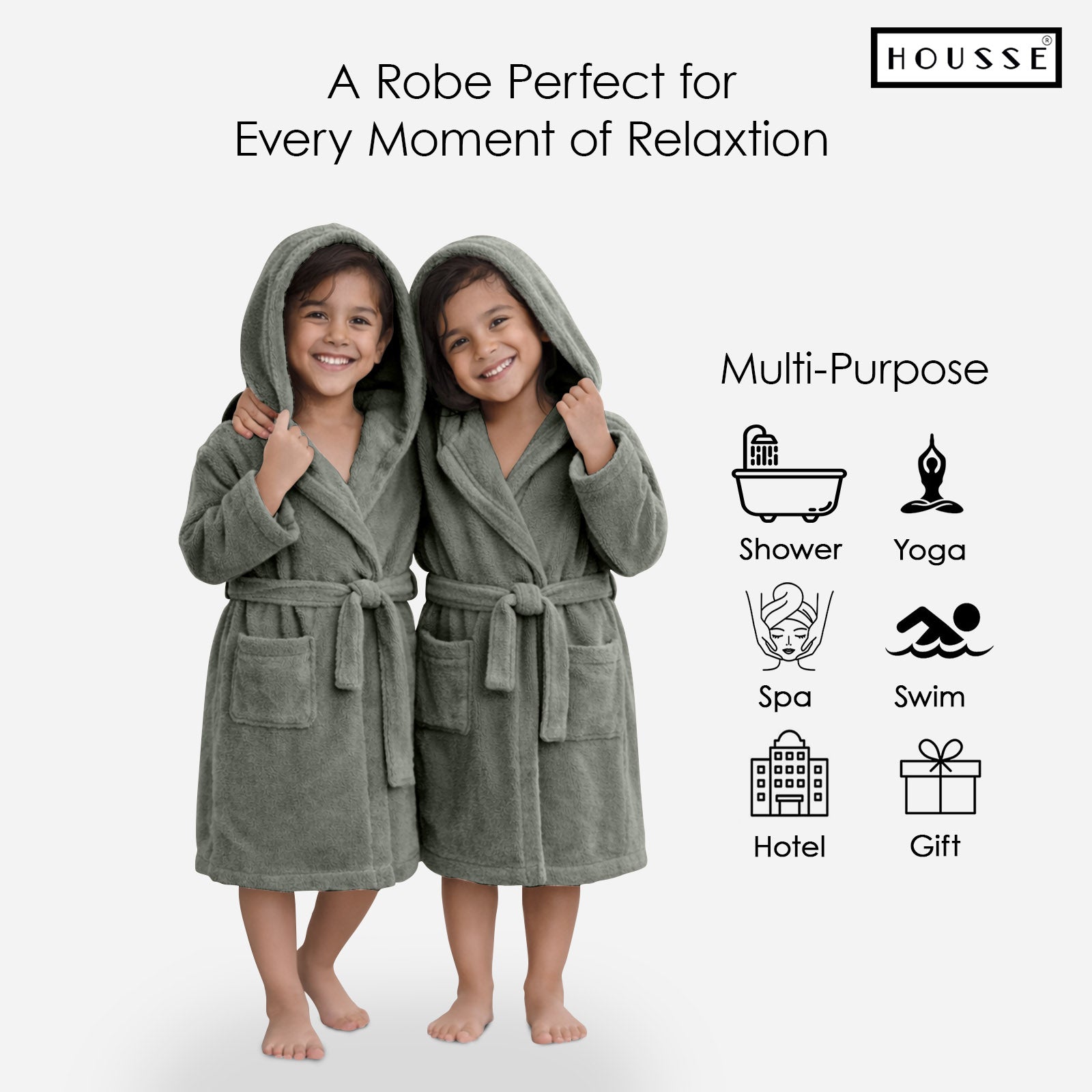HOUSSE Bathrobe | 450 GSM Microfiber Solid Bathrobes for Kids | Solid Bathrobes, Highly Absorbent, Super Soft Bathrobe With Hoodie And Belt | Lightweight & Warm | 102 cm Long | Size-L | Pack of 1