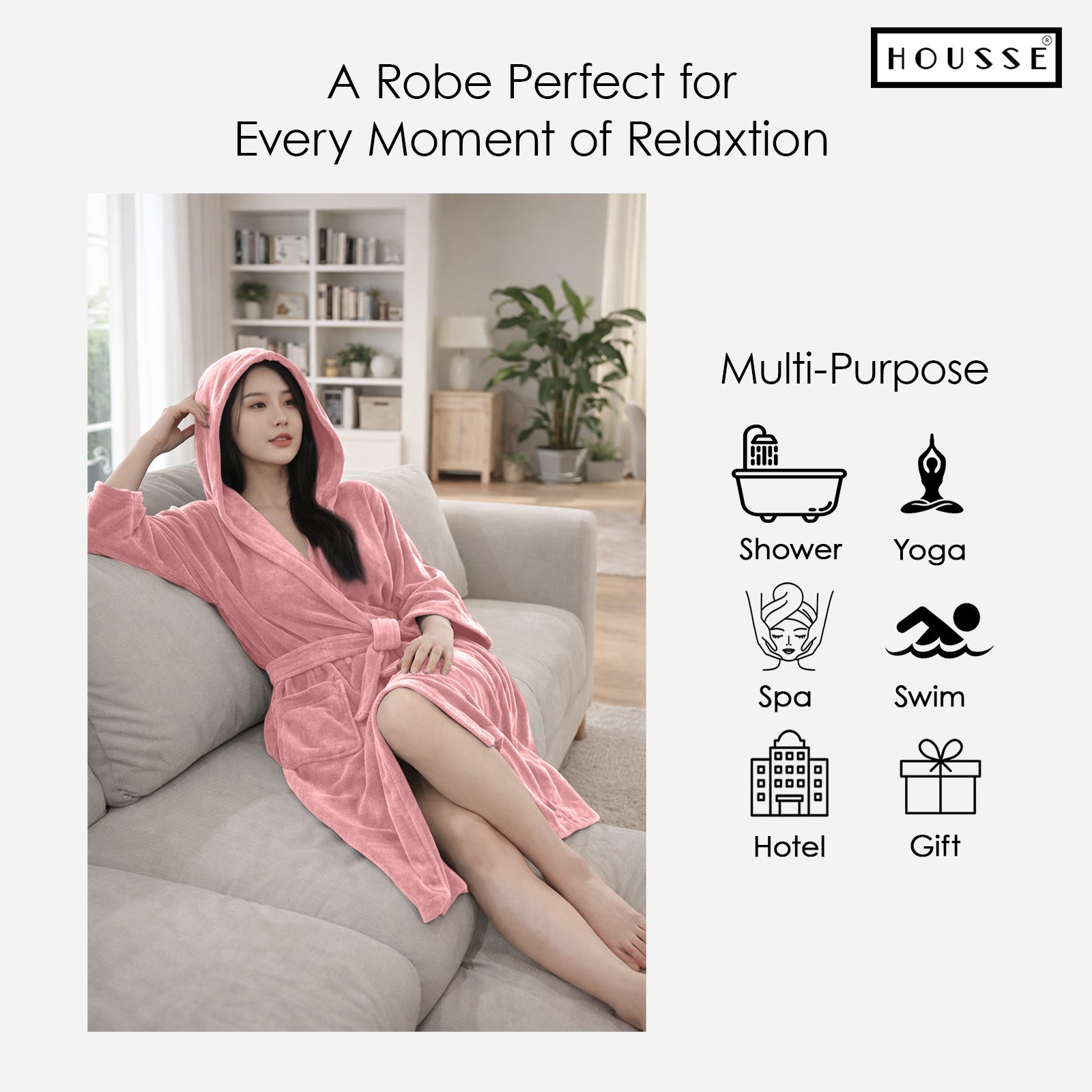 HOUSSE Bathrobe | 450 GSM Microfiber Bathrobe For Women & Men | Super Soft Bathrobe With Hoodie And Belt | Highly Absorbent, Lightweight & Warm | 102 cm Long | Size-L | Pack of 1