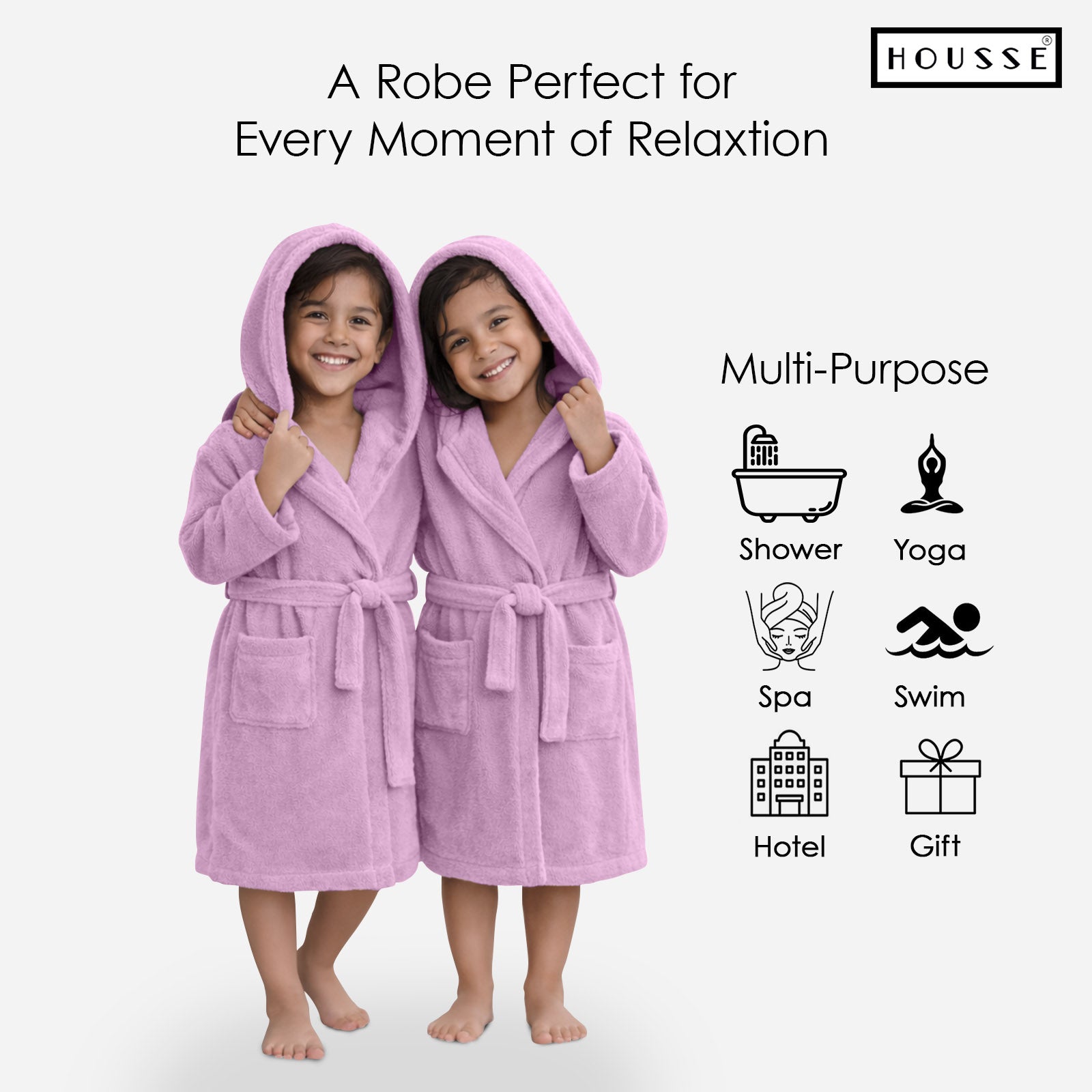 HOUSSE Bathrobe | 450 GSM Microfiber Solid Bathrobes for Kids | Solid Bathrobes, Highly Absorbent, Super Soft Bathrobe With Hoodie And Belt | Lightweight & Warm | 102 cm Long | Size-L | Pack of 1