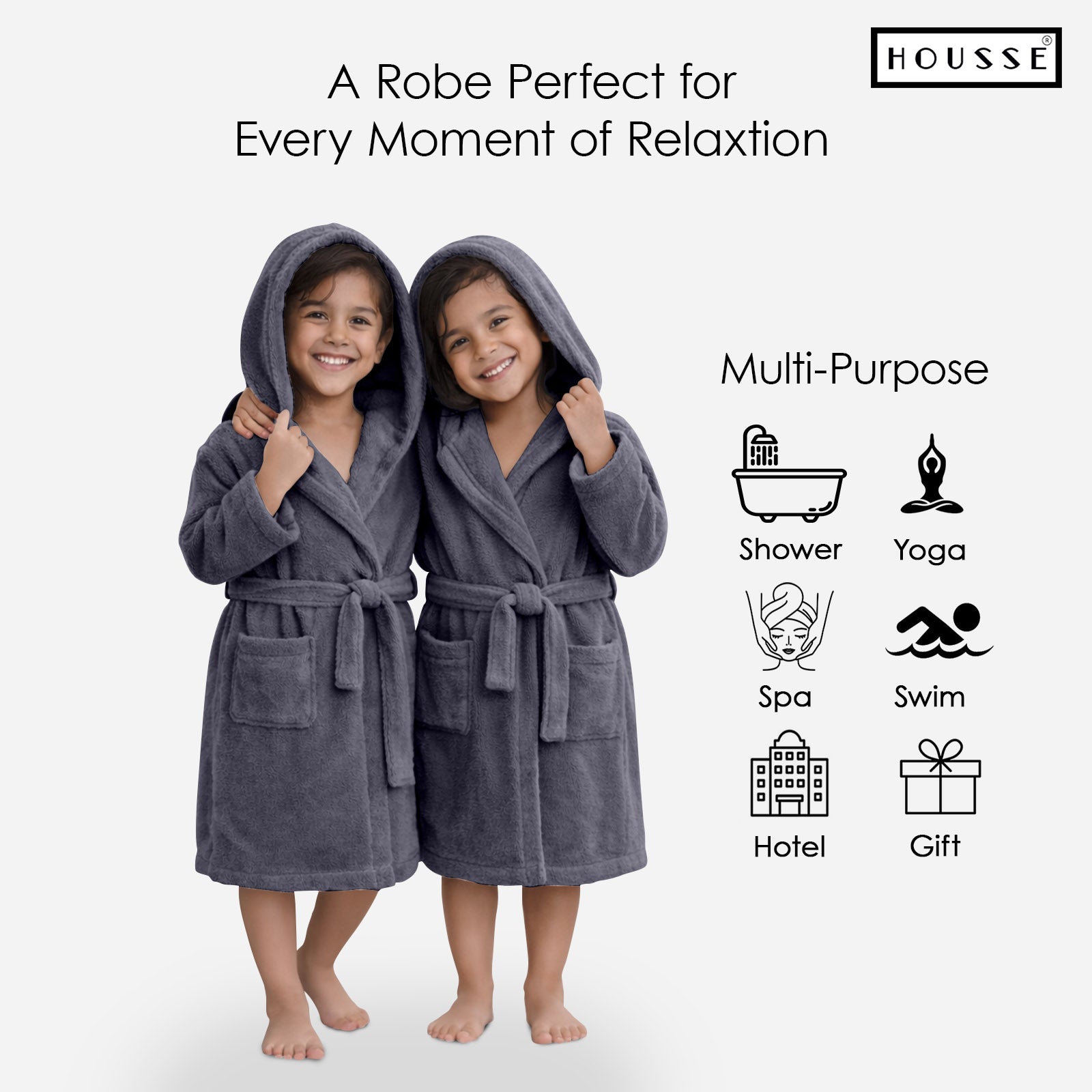HOUSSE Bathrobe | 450 GSM Microfiber Solid Bathrobes for Kids | Solid Bathrobes, Highly Absorbent, Super Soft Bathrobe With Hoodie And Belt | Lightweight & Warm | 102 cm Long | Size-L | Pack of 1